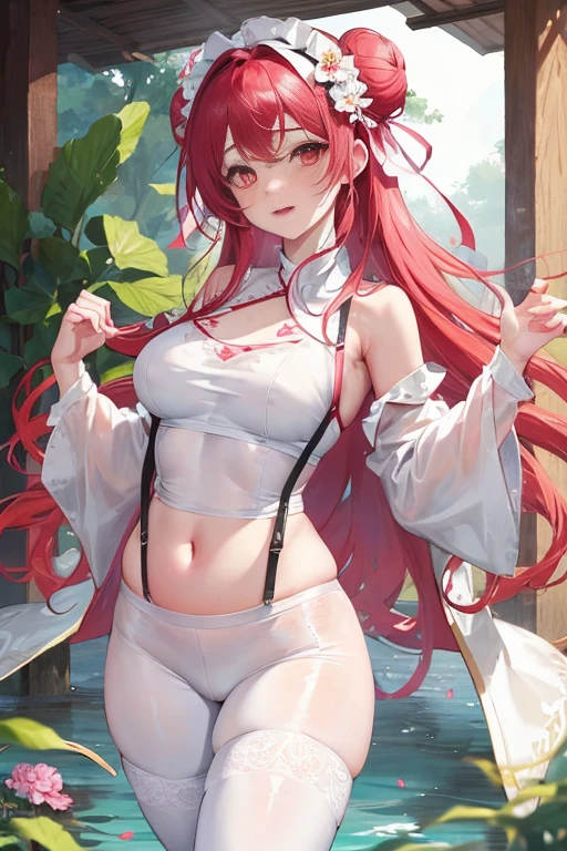 tmasterpiece、Need、1female、Ancient style China、 White cloth bun bun bun、Shoulder leakage、The chest is large、chubbiness、ssmile、White suspender tights、lace leggings、pale pink lip、hot springs，Pose in the water，（drenched all over the body），legs are open， 独奏, White polo shirt, Open clothes，White lace underwear，looking at viewert,  A high resolution,(Thigh thick:1.0),,ultra - detailed，tmasterpiece，Best quality at best，Yazawa Nico,red eyes, face flushed,Blunt hair,both hands on hip，greet，Flower headdress，dance