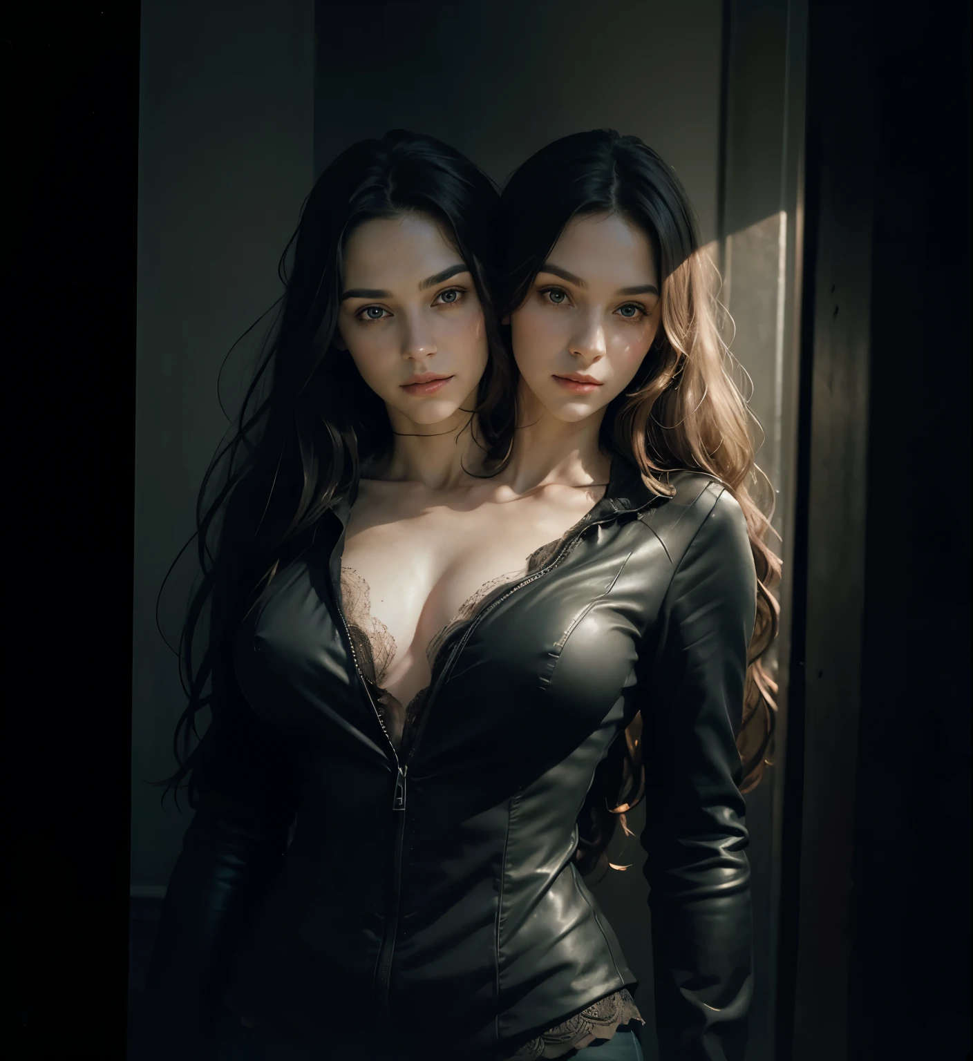 (front focus),(in the dark:1.6), Hyperrealist portrait of female by david hockney and alphonse mucha,fantasy art, photo realistic, dynamic lighting, artstation, poster, volumetric lighting, very detailed faces, 4 k, award winning,, 1girl, in the dark, deep shadow, low key,cowboy shot,(official clothing:1.4) ,long hair,white hair, (two heads)