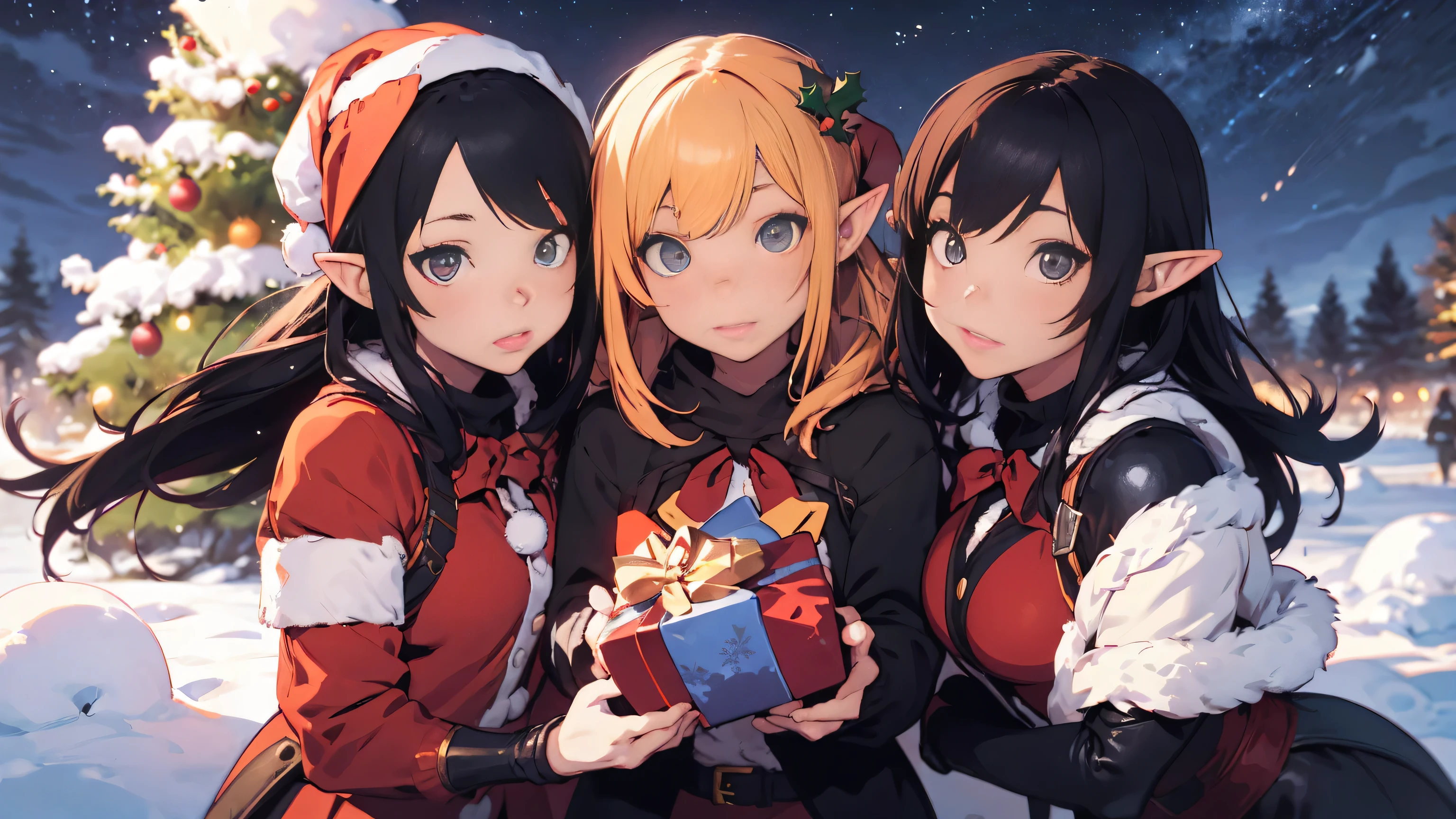 adventurer elf girls, wariros and mages, different unusual skin colors, (((christmas))), (((snow))), ((christmas trees)), (christmas presents), ((mmorpg)), medieval, fantasy, magic, swords, (((armor))), dungeons and dragons, ember particles, particles, flares, sharpened, chromatic aberration, masterpiece:6, best quality:5, realistic hands, (((split complementary palette))), bokeh, light, rim lighting:1, post processing, dslr, sky, ((((stars)))), ((((sky at night)))), wide angle shot, dark night sky, in the style of Ilya Kuvshinov, ((lineage2))