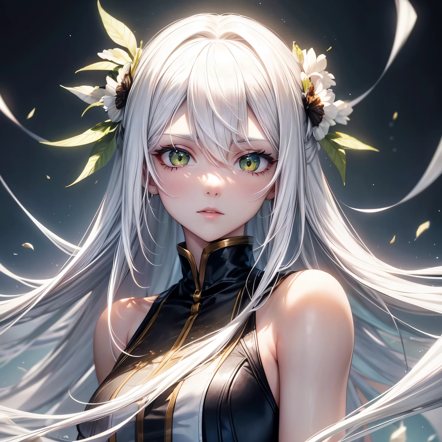 Adult Female, White hair, Long straight hair, Green Eye, Sharp-eyed, Created up to the upper body