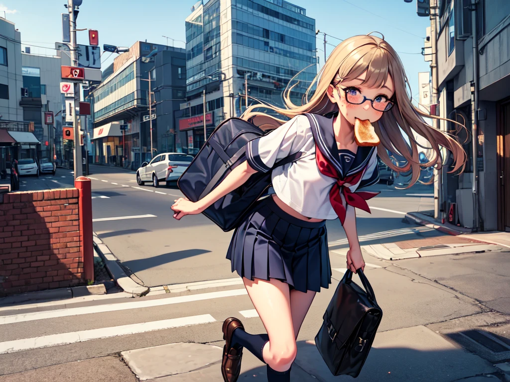 masterpiece, best quality, 1boy, serafuku, blue bow, pleated skirt, blue socks, loafers, city street, running, toast in mouth, pervert, petite, blushing, glasses, desktop wallpaper, highly detailed, freckles, small hips, androgynous, otoko no ko