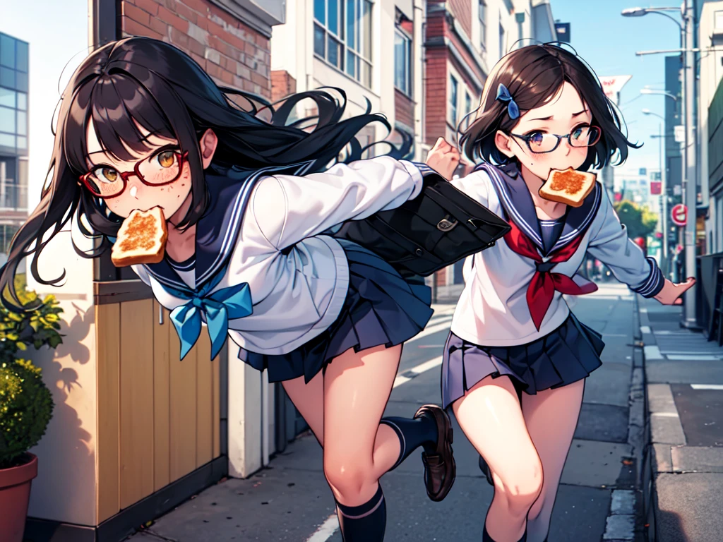 masterpiece, best quality, 1boy, serafuku, blue bow, pleated skirt, blue socks, loafers, city street, running, toast in mouth, pervert, petite, blushing, glasses, desktop wallpaper, highly detailed, freckles, small hips, androgynous, big penis, big testicles, otoko no ko