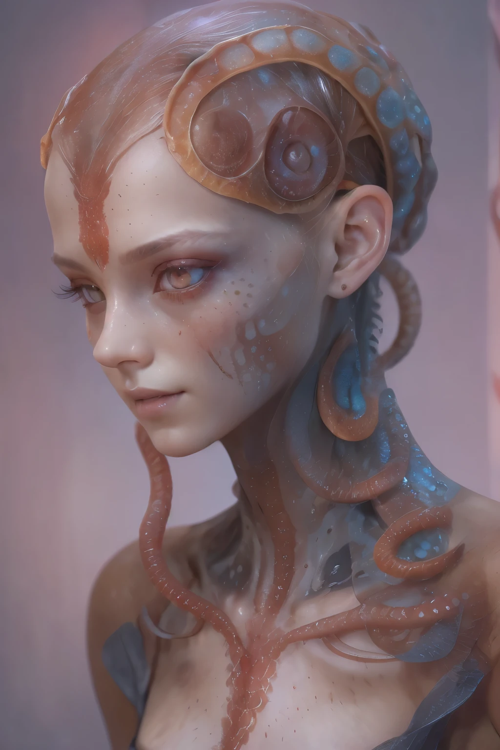Portrait, (beautiful female alien:1.2),  (There is a female genital-like organ in the middle of the forehead..:1.8), (The most beautiful face in the history of the universe:1.2), (scarlet eyes:1.6), (Translucent skin:1.8), an evil gaze that seduces , (red eyes:1.5), Full body like, (sexypose:1.5), alien, No humans, cells are fused, (Lots of translucent tentacles:1.1) (Translucent skin:1.3), extraterrestrial, cell, bio image, 魅惑的, Best Quality, 8K,4K_quality, High Definition, Dramatic Lighting, masutepiece:1.5,cinematic quality, detail up, (Intricate details:1.2), High resolution, High Definition, drawing faithfully, (Thick eyebrows:1.2), Beautiful eyes with fine symmetry, (Ultra detailed eyes:1.2),(Highly detailed face and eyes:1.2), (High-resolution red-eye:1.4), Intimate face, (Super detailed skin quality feeling:1.4), Perfect Anatomy,  (Beautiful toned body:1.5),  (Moist skin:1.2), No makeup, (dark circles:1.1), long canines, cinematic drawing of characters, ultra high quality model, cinematic quality, detail up, (Intricate details:1.2), High resolution, High Definition, drawing faithfully, Official art, Unity 8K wall  , 8K Portrait, Best Quality, Very High resolution, ultra detailed artistic photography, midnight aura,  unreal enginee 5, Ultra Sharp Focus, art by alberto seveso, ArtGerm, Roisch, intricate artwork, Medusa, best quality, masutepiece, ultra High resolution, (photos realistic：1.4), Ultra-realistic realism, dream-like,  nautilus, Creation of fantasy, Snail, Dream Snail,  biopunk nautilus, Thrilling color schemes， Ultra-realistic realism， seductively smiling, Blue tentacles