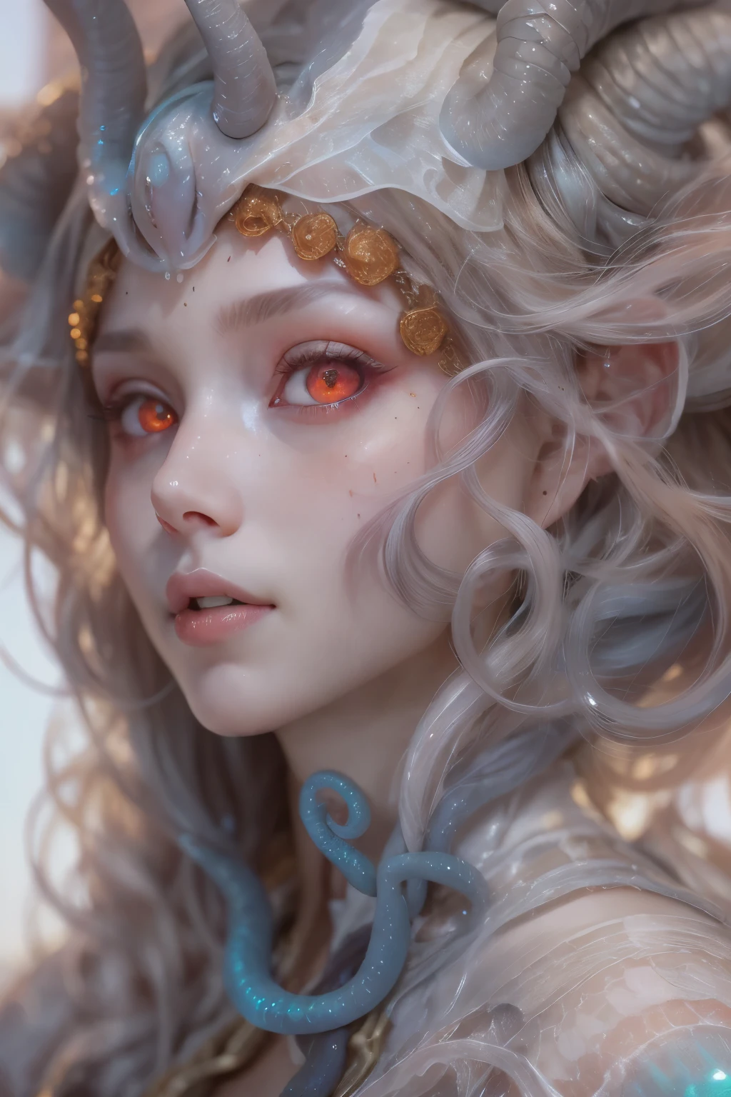 Portrait, (beautiful female alien:1.2),  (There is a female genital-like organ in the middle of the forehead..:1.8), (The most beautiful face in the history of the universe:1.2), (scarlet eyes:1.6), (Translucent skin:1.8), an evil gaze that seduces , (red eyes:1.5), Full body like, (sexypose:1.5), alien, No humans, cells are fused, (Lots of translucent tentacles:1.1) (Translucent skin:1.3), extraterrestrial, cell, bio image, 魅惑的, Best Quality, 8K,4K_quality, High Definition, Dramatic Lighting, masutepiece:1.5,cinematic quality, detail up, (Intricate details:1.2), High resolution, High Definition, drawing faithfully, (Thick eyebrows:1.2), Beautiful eyes with fine symmetry, (Ultra detailed eyes:1.2),(Highly detailed face and eyes:1.2), (High-resolution red-eye:1.4), Intimate face, (Super detailed skin quality feeling:1.4), Perfect Anatomy,  (Beautiful toned body:1.5),  (Moist skin:1.2), No makeup, (dark circles:1.1), long canines, cinematic drawing of characters, ultra high quality model, cinematic quality, detail up, (Intricate details:1.2), High resolution, High Definition, drawing faithfully, Official art, Unity 8K wall  , 8K Portrait, Best Quality, Very High resolution, ultra detailed artistic photography, midnight aura,  unreal enginee 5, Ultra Sharp Focus, art by alberto seveso, ArtGerm, Roisch, intricate artwork, Medusa, best quality, masutepiece, ultra High resolution, (photos realistic：1.4), Ultra-realistic realism, dream-like,  nautilus, Creation of fantasy, Snail, Dream Snail,  biopunk nautilus, Thrilling color schemes， Ultra-realistic realism， seductively smiling, Blue tentacles