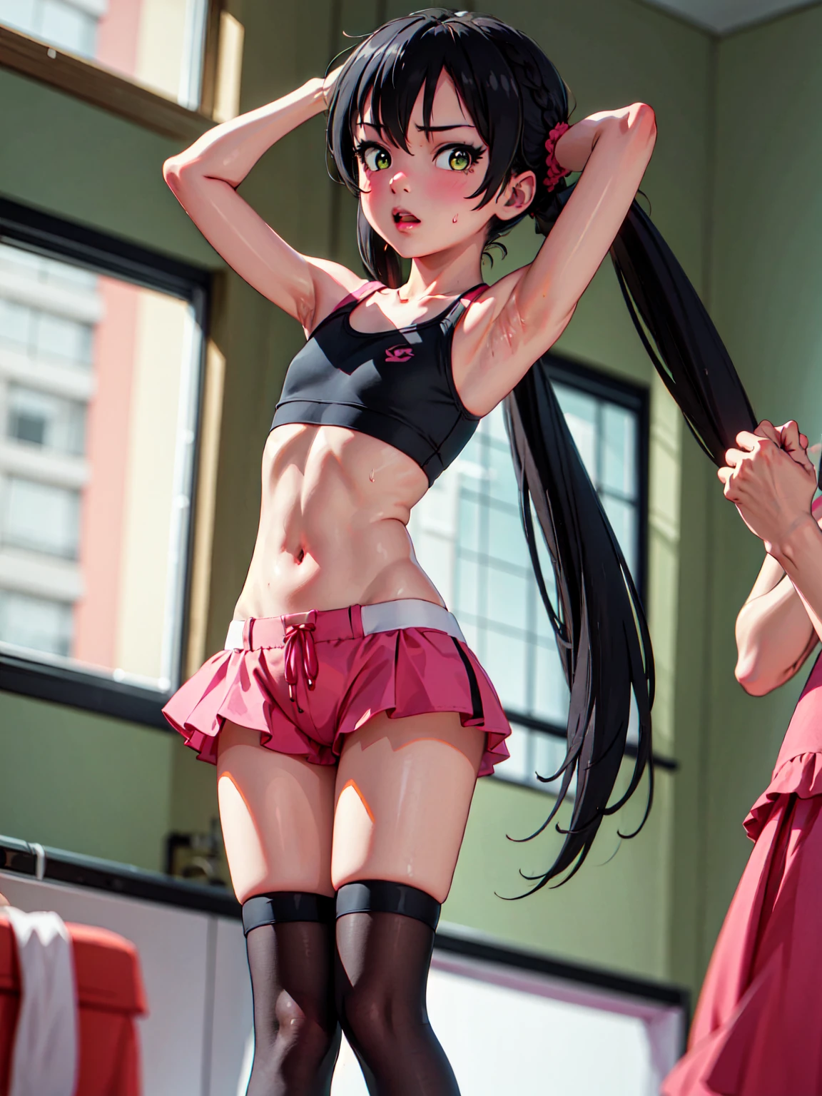 masterpiece, best quality, highres, Matoba risa, 1girl, solo, black hair, long hair with twintail, busty, super flat chest, short pink hotpants, sport bra, blush, black thighhighs, looking at viewer, embarassed, blush, full body, standing, simple background, arms up, double armpits, (erotic pose:1.4)