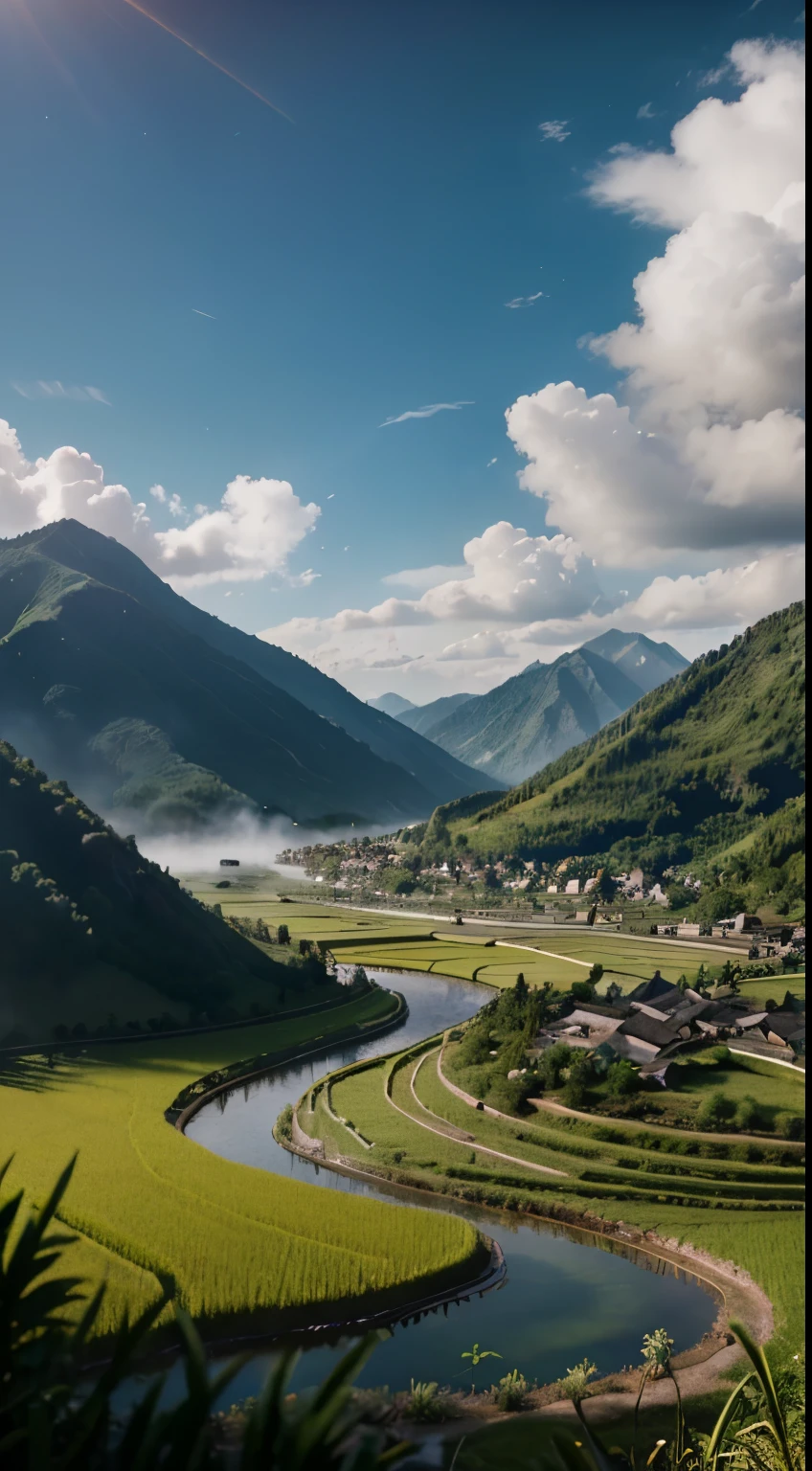 create A 3D miniature , diorama,sign 'BABAKAN' , depicting a village at the foot of a mountain, surrounded by rice fields, and shaded by some clouds, a path leading to the mountain base, without a lake, rice fields, mountain scenery, matching the history of the place, 3 d, octane render, depth of field, unreal engine 5, concept art, vibrant colors, glow, trending on artstation, ultra high detail, ultra realistic, cinematic lighting, focused, 8 k,