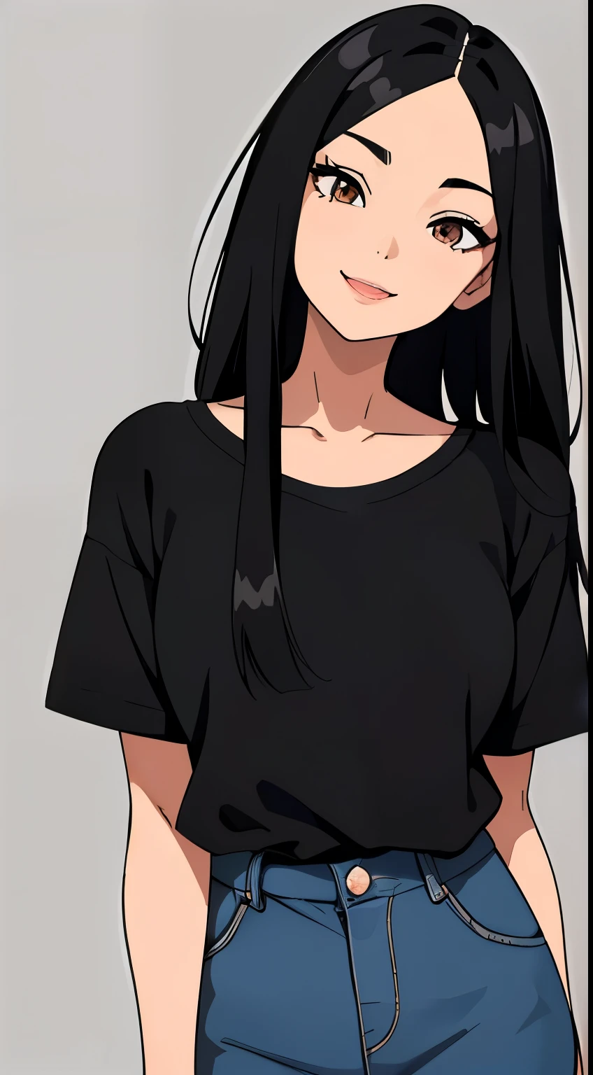 One girl with black hair, hair length until bust, straight hair, hair parted in center of head, round face. hairstyle with a center part, that the hair should be parted down the middle, creating a symmetrical look without any frontal hair covering the forehead. Looking straight. Looking straight at viewers. Smiling. Happy. Wearing casual shirt. Straight pose. Frontal view