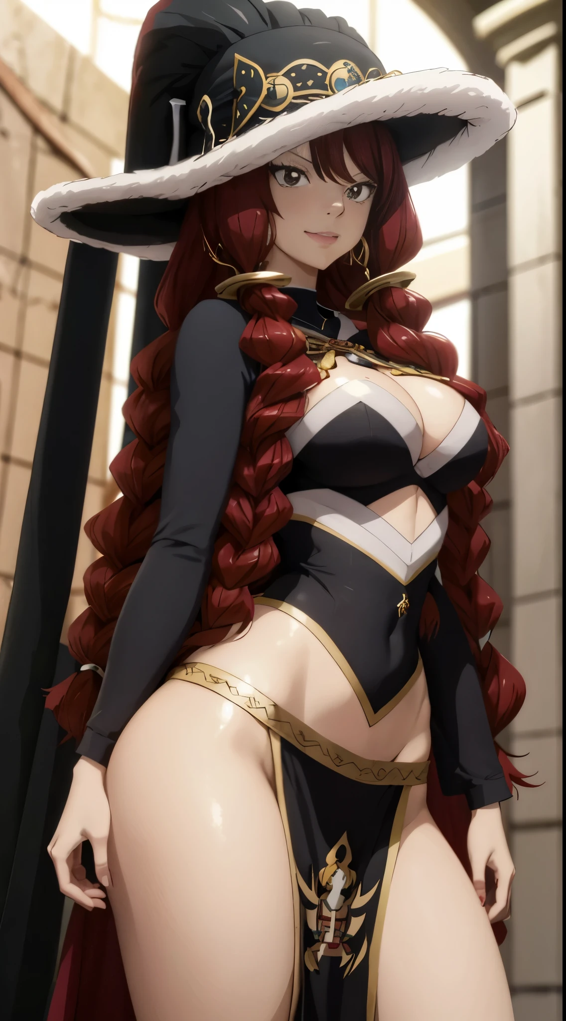 anime fairy tail, personaje Irene, cabello rojo con dos colas, pecho grande, trasero grande, Curvaceous Body, rostro hermoso, vestimenta de una hechicera, un sombrero de hechicera, ojos hermosos, una sonrisa atractiva, buena calidad, 4k. cuerpo de una mujer adulta, with good physique, atractiva con buena figura., calidad 4k. cuerpo o figura atractivo, mujer madura.