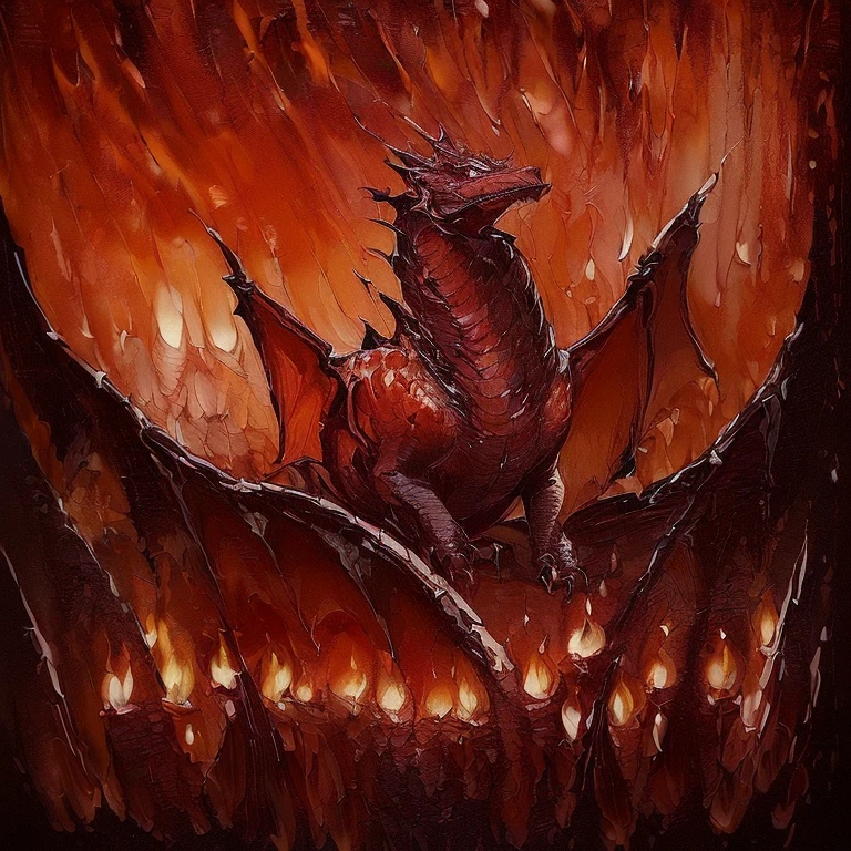 (((dark fantasy style of flame-Dragon illustration:1.3))), (((oil painting illustration:1.3))), (stunning flame background:1.3), (((beautiful detail glow:1.2))), (((radiosity rendered in stunning 32k beautiful resolution:1.3))), (((all captured in sharp focus:1.1))), (((highest quality:1.2))), (((highly quality:1.2))),