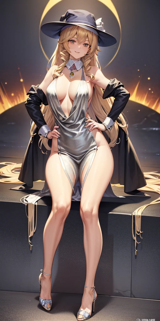 (4k, ultra high resolution, Prominence in Masterpiece, High Quality, Best Quality: 1.2) full body, 1child female, solo, 1girl, 1woman, lustful smirking smile blush, looking at viewer, sitting, blonde hair, long hair, (black jacket), beautiful and detailed face, detailed eyes, looking at the viewer, (grey theme), close jacket, (aesthetic clothings) hands on hips, wide hips, blonde long hair, blonde drill hair, blonde twin drills hair, blue wizard hat, Handcuffs on their hands, With a collar around the neck