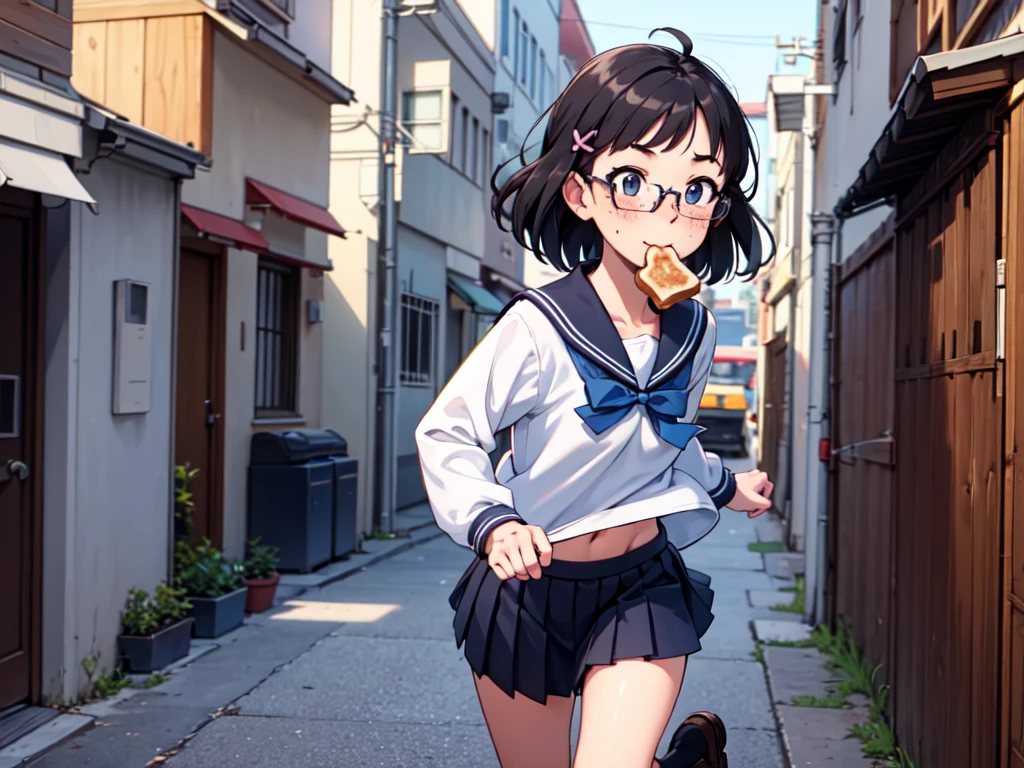 masterpiece, best quality, serafuku, blue bow, pleated skirt, blue socks, loafers, city street, running, toast in mouth, pervert, petite, blushing, glasses, desktop wallpaper, highly detailed, freckles, small hips, androgynous, otoko no ko