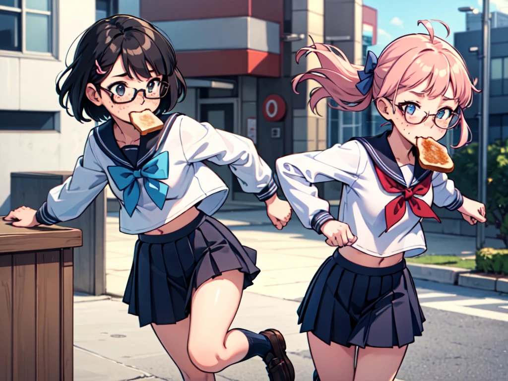 masterpiece, best quality, serafuku, blue bow, pleated skirt, blue socks, loafers, city street, running, toast in mouth, pervert, petite, blushing, glasses, desktop wallpaper, highly detailed, freckles, small hips, androgynous, otoko no ko