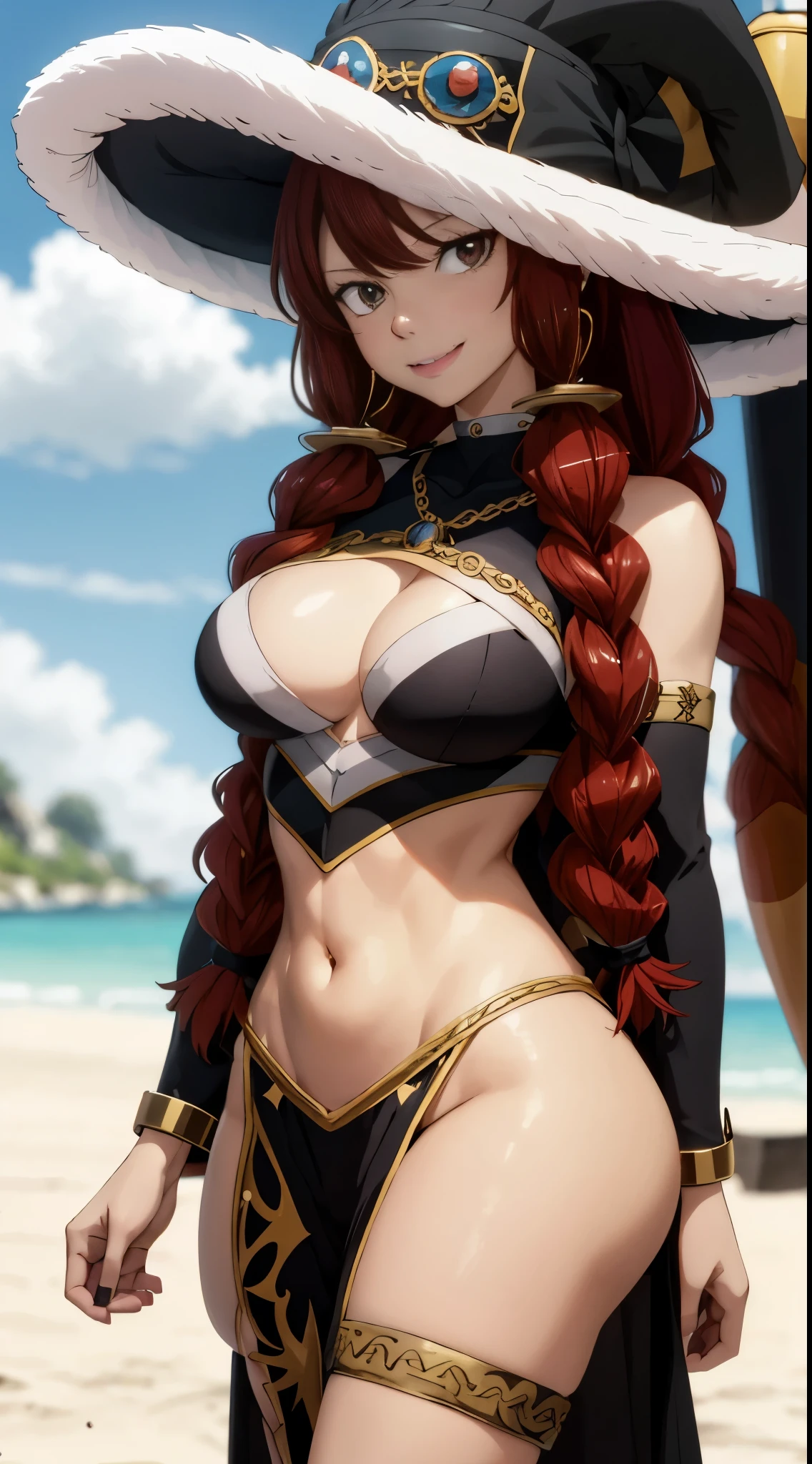 anime fairy tail, personaje Irene, cabello rojo con dos colas, pecho grande, trasero grande, Curvaceous Body, rostro hermoso, vestimenta de una hechicera, un sombrero de hechicera, ojos hermosos, una sonrisa atractiva, buena calidad, 4k. cuerpo de una mujer adulta, with good physique, atractiva con buena figura., calidad 4k. cuerpo o figura atractivo, mujer madura.