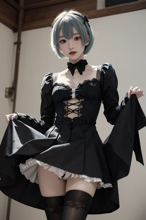 Rei Ayanami style bob、She is fair-skinned, has small breasts, and is delicate.、Gothic-loli style costume with small ribbons, frills, and lace、tights、She lifts up her skirt as if having sex