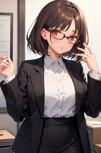1girl, medium-length brown hair, brown eyes, glasses, open forehead, office outfit, black jacket, white shirt, black skirt