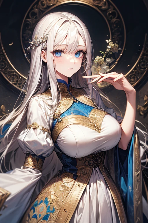 (absurderes、hight resolution、ultra-detailliert)、a matural female、white hair、length hair、bluntbangs、blue eyess、doress、long-sleeve、Finely detailed eyes and detailed face、intricate-detail、BREAK Mosaic Art、complex pattern、durable surfaces、intricate-detail、Enlarged texture、Stunning clarity、Hidden beauty、 artisanal creations、Handmade products、unique designs、intricate detailes、Creative expression、skilled craftsmanship、huge tit、Best style