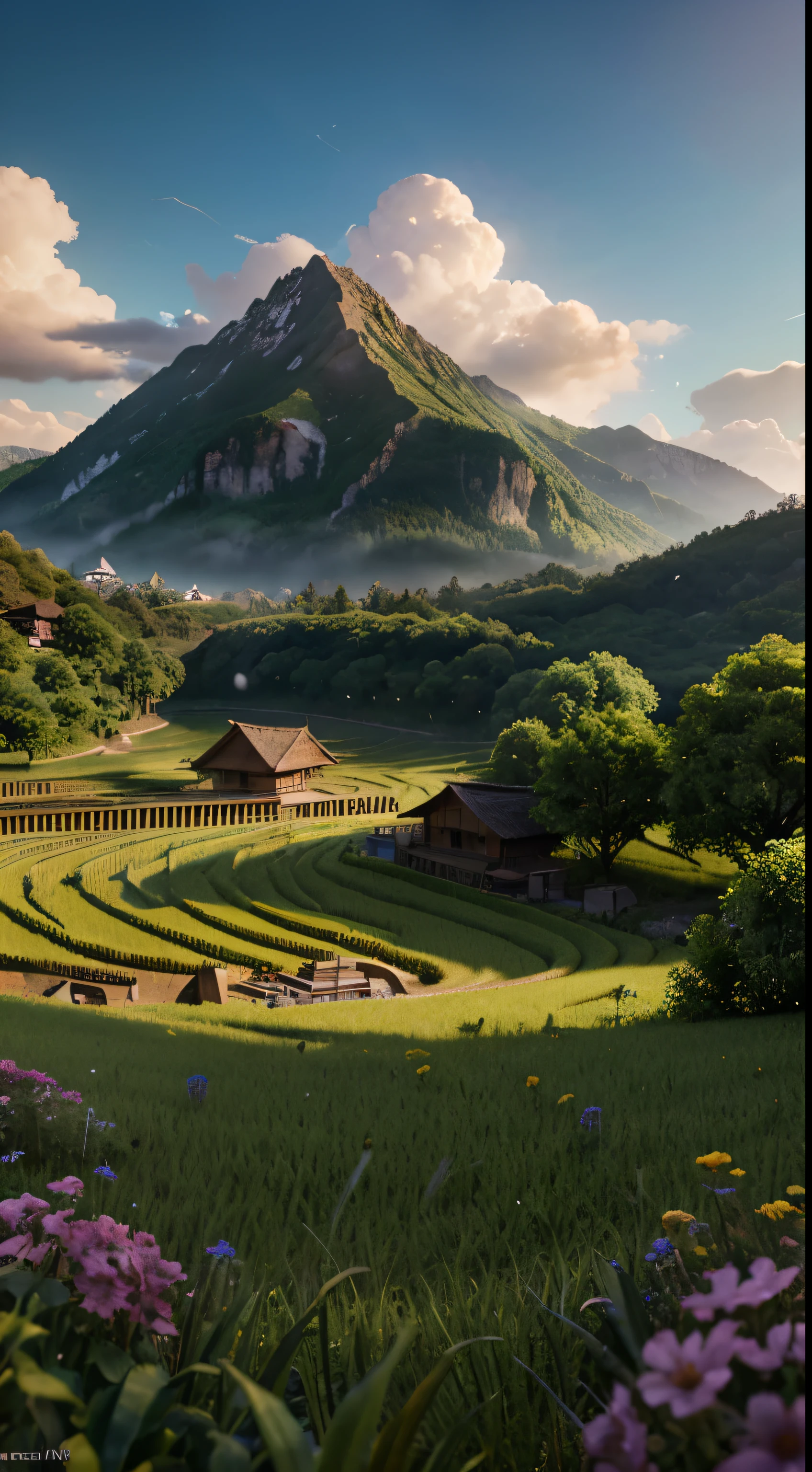 create A 3D miniature , diorama,sign 'BABAKAN' , depicting a village at the foot of a mountain, surrounded by rice fields, and shaded by some clouds, a path leading to the mountain base, without a lake, rice fields, mountain scenery, matching the history of the place, 3 d, octane render, depth of field, unreal engine 5, concept art, vibrant colors, glow, trending on artstation, ultra high detail, ultra realistic, cinematic lighting, focused, 8 k,