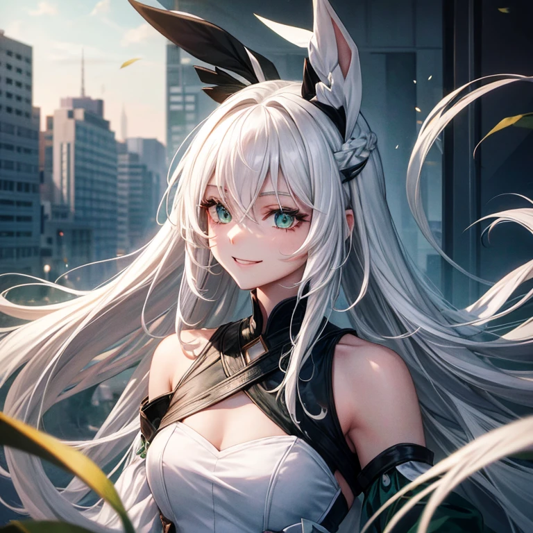 girls, White hair, Long straight hair, Green Eye, Sharp-eyed, Created up to the upper body, modern dress, Smiling face