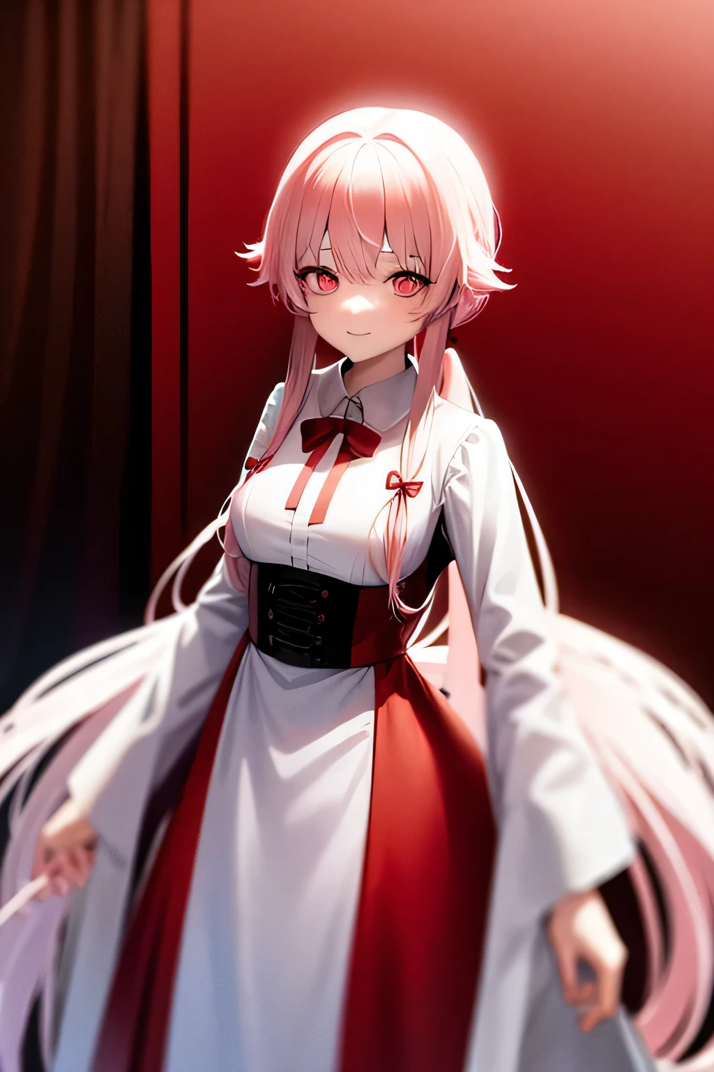 yuno gasai but with red glowing eyes, and white hair, maid clothes,