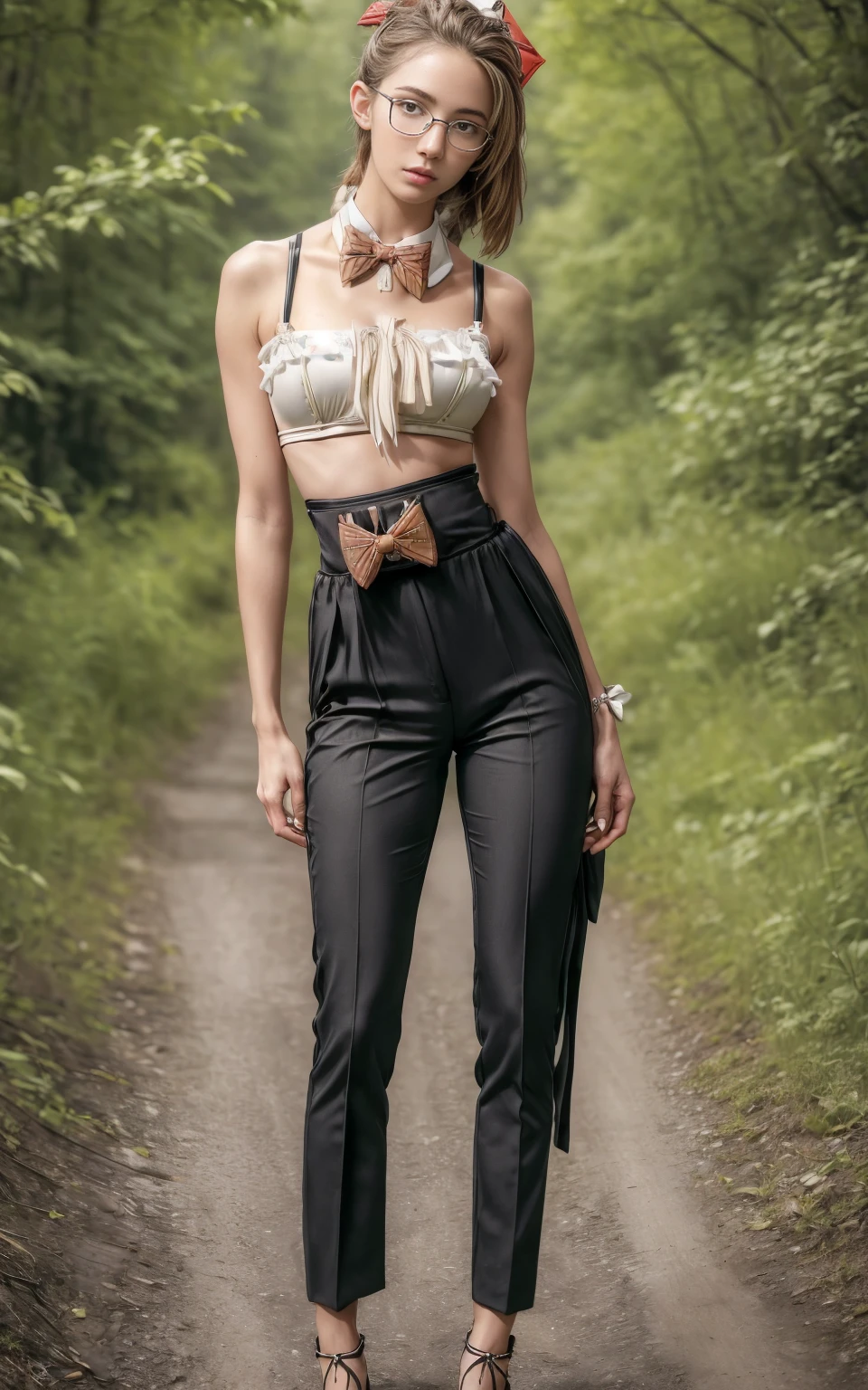 (8K, Masterpiece, RAW photo, Best quality, detail:1.3), (ultra realistic Natural background, scenary:1.5), Depth of field, Cinematic light, (ultra realistic face), (1 picture of 1 solo girl Airim Jones:1.6), 1girl, (Beautiful and elegant Russian girl), (skinny girl with glasses), (European face:1.3), (perfect complete full body:1.5), (small necklace, collarbone:1.1), ( [braids|bangs|ponytail|pigtails|bob|pixie] hair:1.5), (ultra detailed skin:1.4), (sexy outfit:1.6),, (Bow Tie Waist Pants:1.6), (perfect standing pose:1.5), (perfect long legs:1.4)