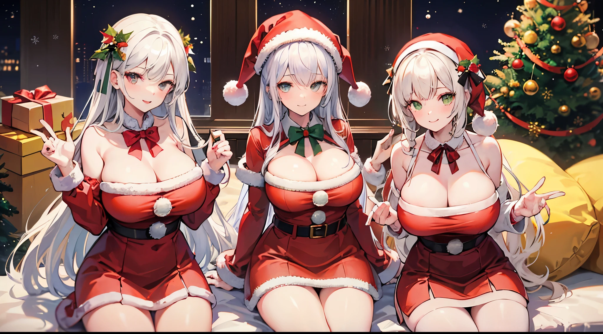 white haired young woman, 25 years old,  body, golden eyes, long-haired,Green braid tied in bows left and right..........Big breasts..,, Put on a Santa Claus outfit...large white chest, Hanging under the Christmas tree with friends A slightly smiling face....................