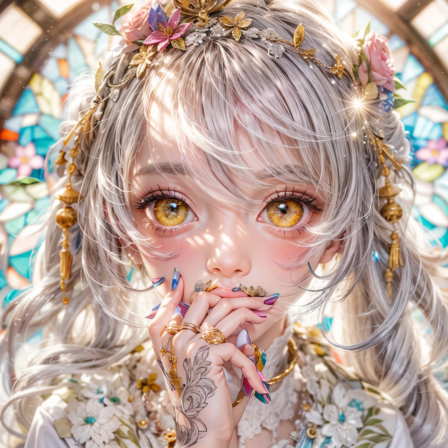 Sexy girl in ((WHITE)) and Delicate lace underwear, with Glossy RED lips, (Exposed:1.2), (nipple:-0.9), { closeup of Cute lips | Dynamic-angle }, ((Dazzling stained glass Background)), (( colorful Light shines through stunning elaborate stained glass:1.2)), vivid Red colors . ((Acutance:0.8, physically-based rendering)), (masterpiece:1.2), (ultra-detailed:1.35), (realistic, photorealistic, ((photo-realistic:1.37))with touch of rawness) . ((Renbutsu Misako)), (Extremely detailed KAWAII face variations, with Dynamic expressions), detailed eyes with sparkling highlights, captivating gaze, long eyelashes, subtle blush on the face, rosy cheeks, impeccable oiled ivory skin texture . { full of flowers covering girl's body | Mystic sight | haze | Light Particle | Lens Particle | Lens Flare | Dazzling angle's Halo | Overflowing sideboob } . ((( not Detailed fingers:-0.9))) .