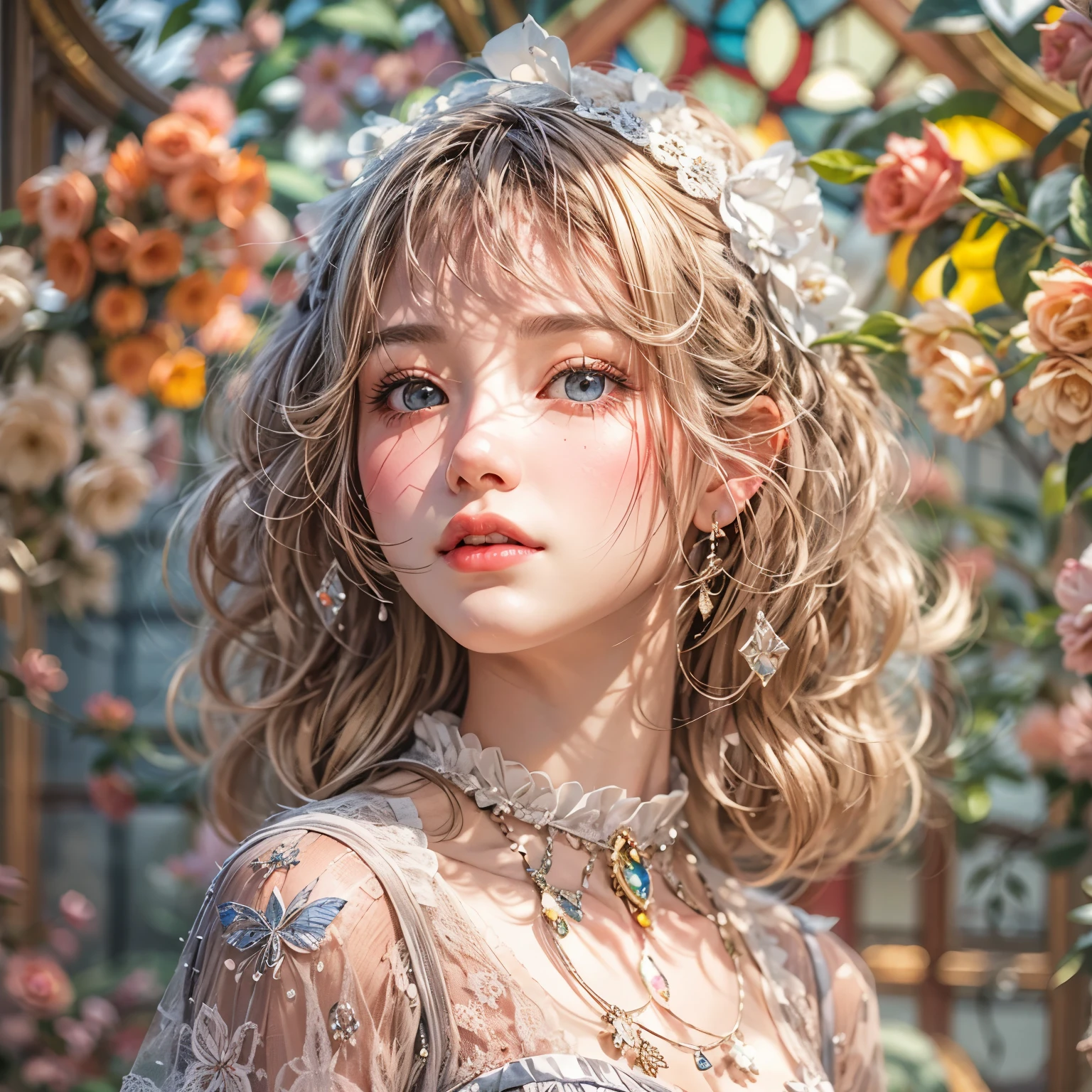 (SFW, Exposed:1.2), concept art, Tiny junior idol, Delicate lace knitted white clothes, (nipple:-0.9), (face closeup, (Dazzling stained glass Background)), (((Renbutsu Misako), vivid colorful Light shines through delicate stained glass:1.35, Dazzling Halo, Acutance:0.8)), {vivid red |Mystic sight | haze | lense Particle | lens flare | light Particle}. (masterpiece:1.2),(ultra-detailed:1.37),((realistic,photorealistic,photo-realistic:1.37)), (Extremely detailed KAWAII face variations, innocent expression variations), {rosy cheeks | intricate detailed eyes with sparkling highlights | long eyelashes with volume | subtle blush on the face}. impeccable skin texture, captivating gaze, ((Dynamic-angle, physically-based rendering)), whole Body proportions and all limbs are anatomically accurate . full of flowers covering girl's body .