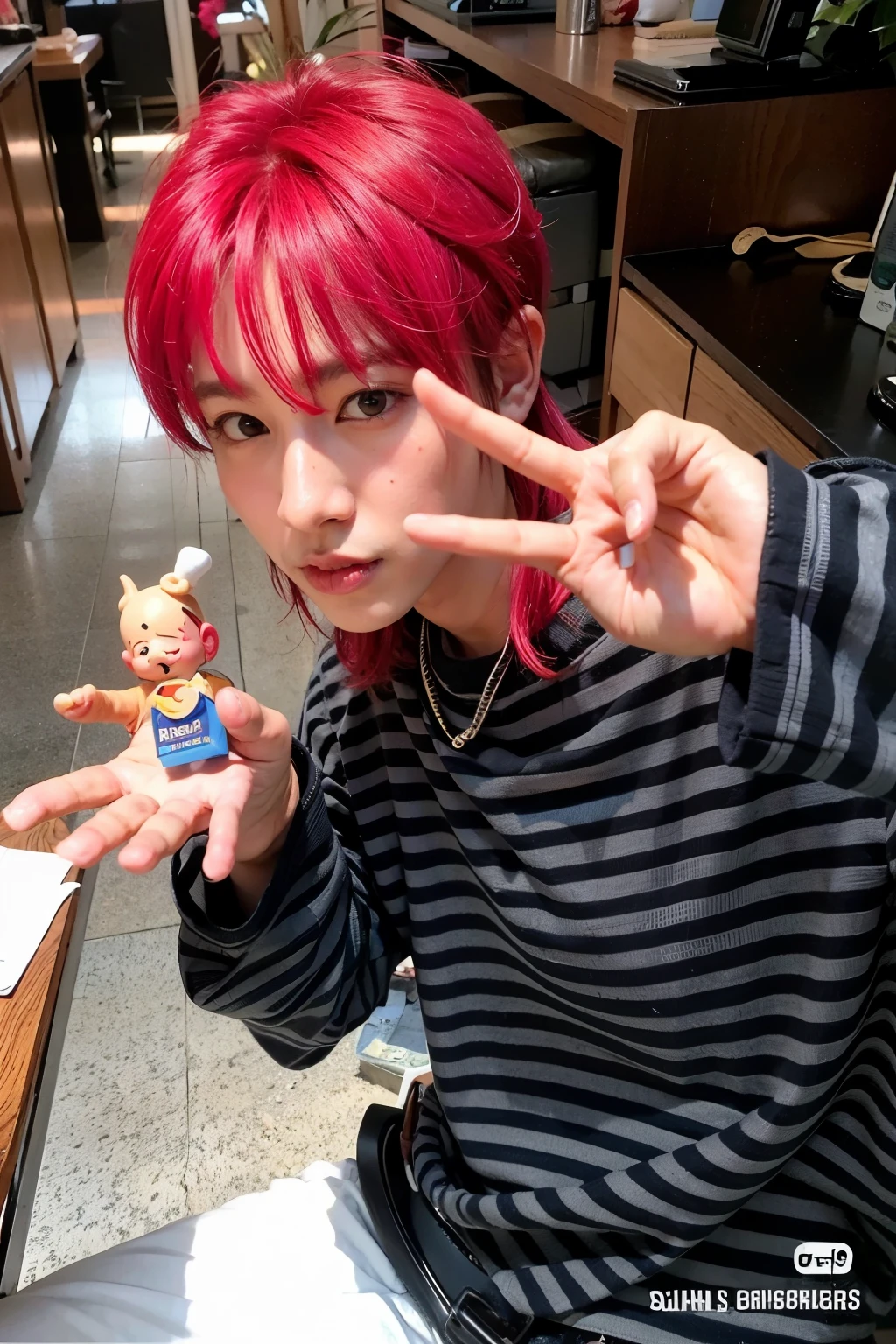 arafed asian boy com cabelos ruivos holding a toy and a peace sign, com o dedo indicador, com cabelo rosa, com cabelos ruivos, Taesan do boynextdoor