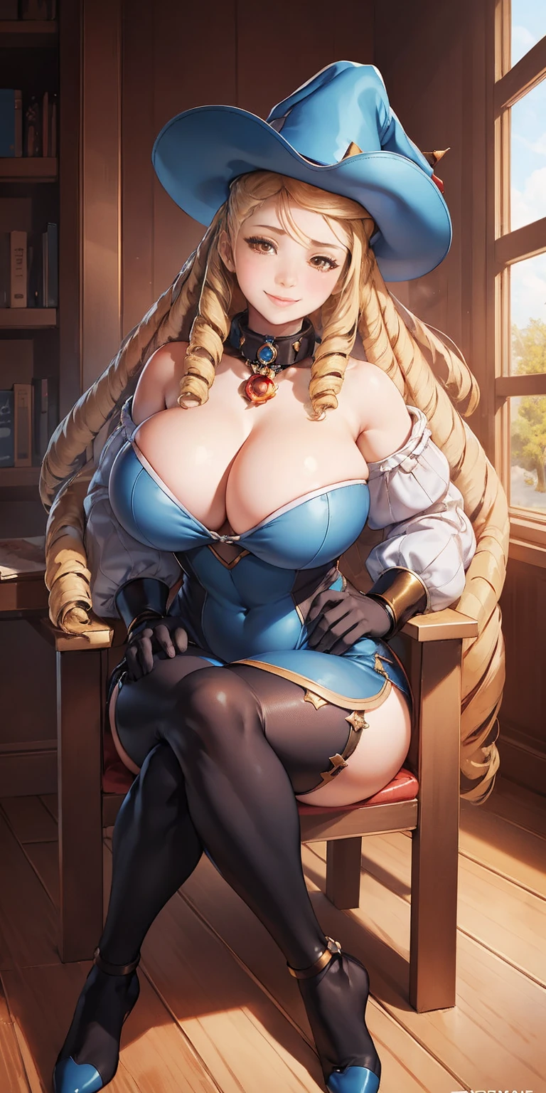 (4k, Prominence in Masterpiece, High Quality, Best Quality: 1.2) full body, 1  female, solo, 1 girl, lustful smirking smile blush, looking at viewer, sitting on chair with legs crossed, big black thighs stocking, big breasts (cover with blue) ((SFW)), hands on hips, wide hips, blonde long hair, blonde drill hair, blonde twin drills hair, blue wizard hat, Handcuffs on their hands, With a collar around the neck