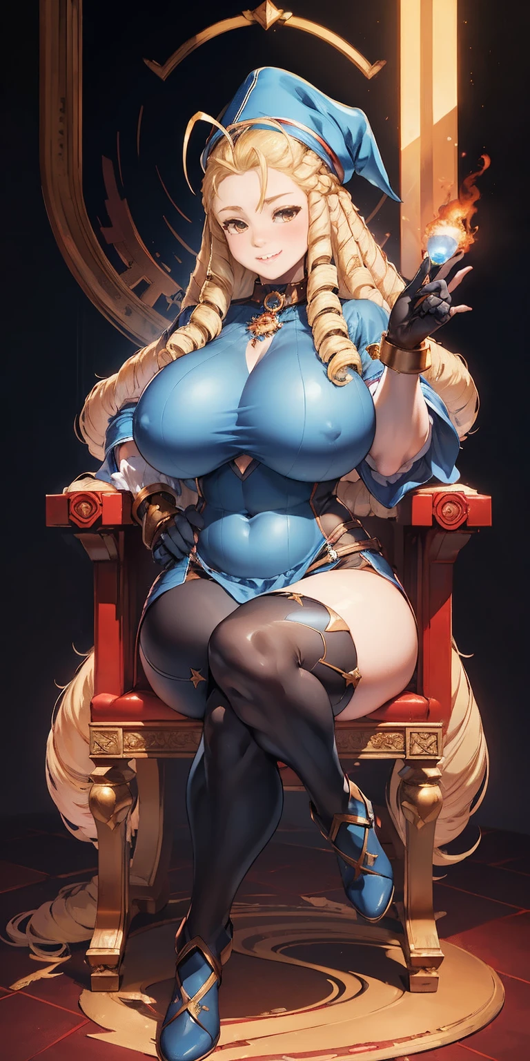 (4k, Prominence in Masterpiece, High Quality, Best Quality: 1.2) full body, 1 child female, solo, 1 girl, lustful smirking smile blush, looking at viewer, sitting on chair with legs crossed, big black thighs stocking, big breasts (cover with blue) ((SFW)), hands on hips, wide hips, blonde long hair, blonde drill hair, blonde twin drills hair, blue wizard hat, Handcuffs on their hands, With a collar around the neck