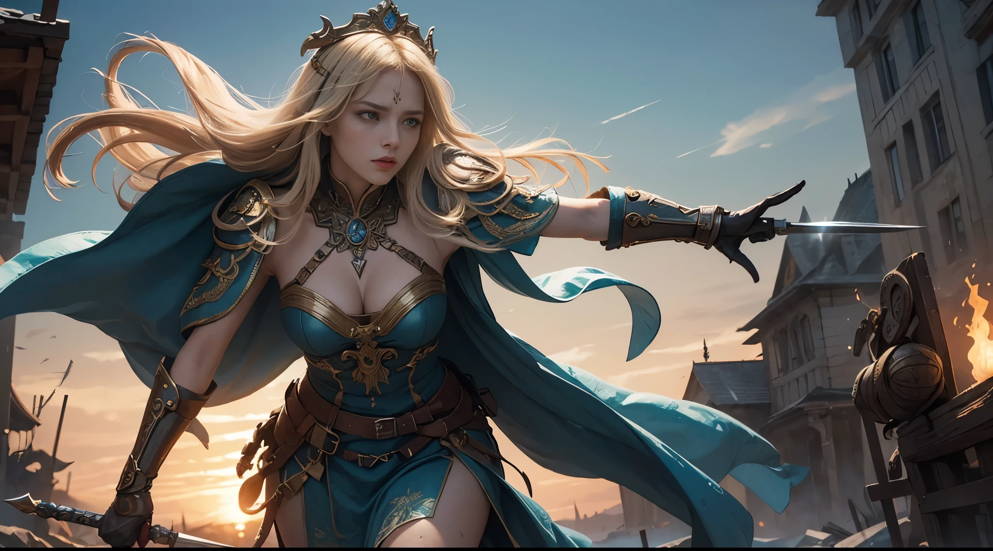"As the din of battle rages on, a tapestry of chaos woven with the clash of swords and the thunderous roar of war, the ethereal presence of the goddess of strength and potency materializes. Her origins are unmistakably traced to the depths of Germanic mythology, and this connection manifests in every facet of her being. She strides onto the battlefield with an aura of commanding authority, her visage adorned with symbols reminiscent of ancient Teutonic iconography. A helm forged in the likeness of mighty Germanic war chiefs rests atop her head, its intricate engravings telling tales of battles won and challenges overcome. A cloak crafted from the finest materials, bearing symbols that harken back to the rich tapestry of Germanic folklore, billows behind her, evoking the spirits of the past. Her eyes, pools of unwavering determination, scan the battlefield with a keen awareness. In her grip, a weapon of divine craftsmanship, a blade infused with the essence of ancient Germanic strength, glows with an otherworldly light. With each step, the ground trembles beneath her, echoing the power she draws from her mythical roots. The goddess moves with a grace that belies her immense strength, a dance of martial prowess that weaves through the tumultuous battleground. Her presence is a beacon of hope for those who fight in her name, as the very air seems to resonate with the echoes of her Germanic heritage, inspiring allies and striking fear into the hearts of her adversaries. In the crucible of conflict, the goddess of strength and potency stands as a living testament to the resilience and power drawn from her Germanic lineage, a celestial force determined to shape the destiny of the battlefield with unwavering resolve."