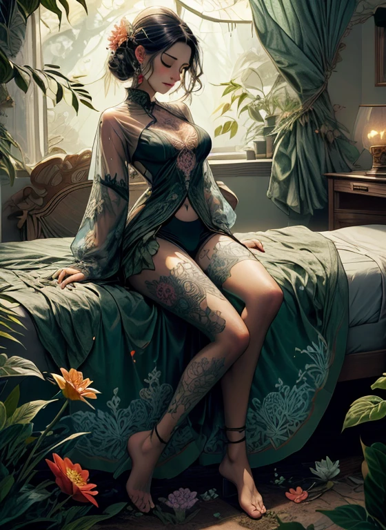1 with forest clothes, flowers, leaves, mandalas, fractal,, Sleeping Beauty, by Bella🦋 full body, beautiful girl sleeping, room with mirror, girl sleeping on bed and sheets, old clock and lamp on table, full body, black hair, Transparent clothing,open legs, view of pubic hair, 1 in transparent forest clothes,exposed breasts, open transparent t-shirt,mandala and flower tattoos, La mejor calidad, Obra maestra, llustration, muy delicado y hermoso, muy detallado, CG, Unidad, Fondo de pantalla de 8k, ridiculous, huge filesize, lente muy ancha, Luz suave,Sleeping Beauty, by Bella🦋 full body, beautiful girl sleeping, full body, black hair, Transparent clothing, slight smile,, open legs, view of pubic hair, 1 in transparent forest clothes,exposed breasts, open transparent t-shirt,mandala and flower tattoos, La mejor calidad,