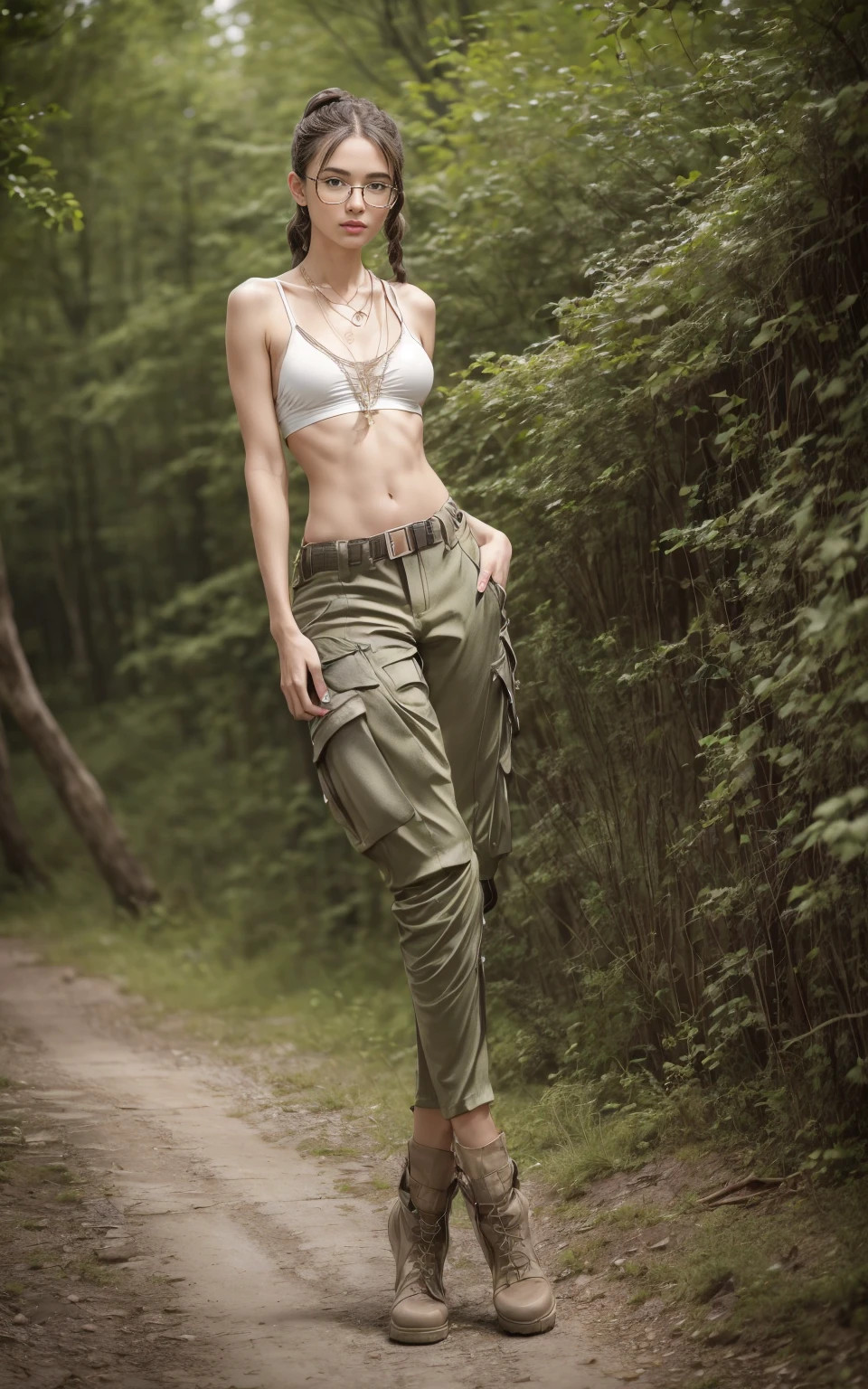 (8K, Masterpiece, RAW photo, Best quality, detail:1.3), (ultra realistic Natural background, scenary:1.5), Depth of field, Cinematic light, (ultra realistic face), (1 picture of 1 solo girl Airim Jones:1.6), 1girl, (Beautiful and elegant Russian girl), (skinny girl with glasses), (European face:1.3), (perfect complete full body:1.5), (small necklace, collarbone:1.1), ( [braids|bangs|ponytail|pigtails|bob|pixie] hair:1.5), (ultra detailed skin:1.4), (sexy outfit:1.6),, (Cargo Pants:1.5), (perfect standing pose:1.5), (perfect long legs:1.4)