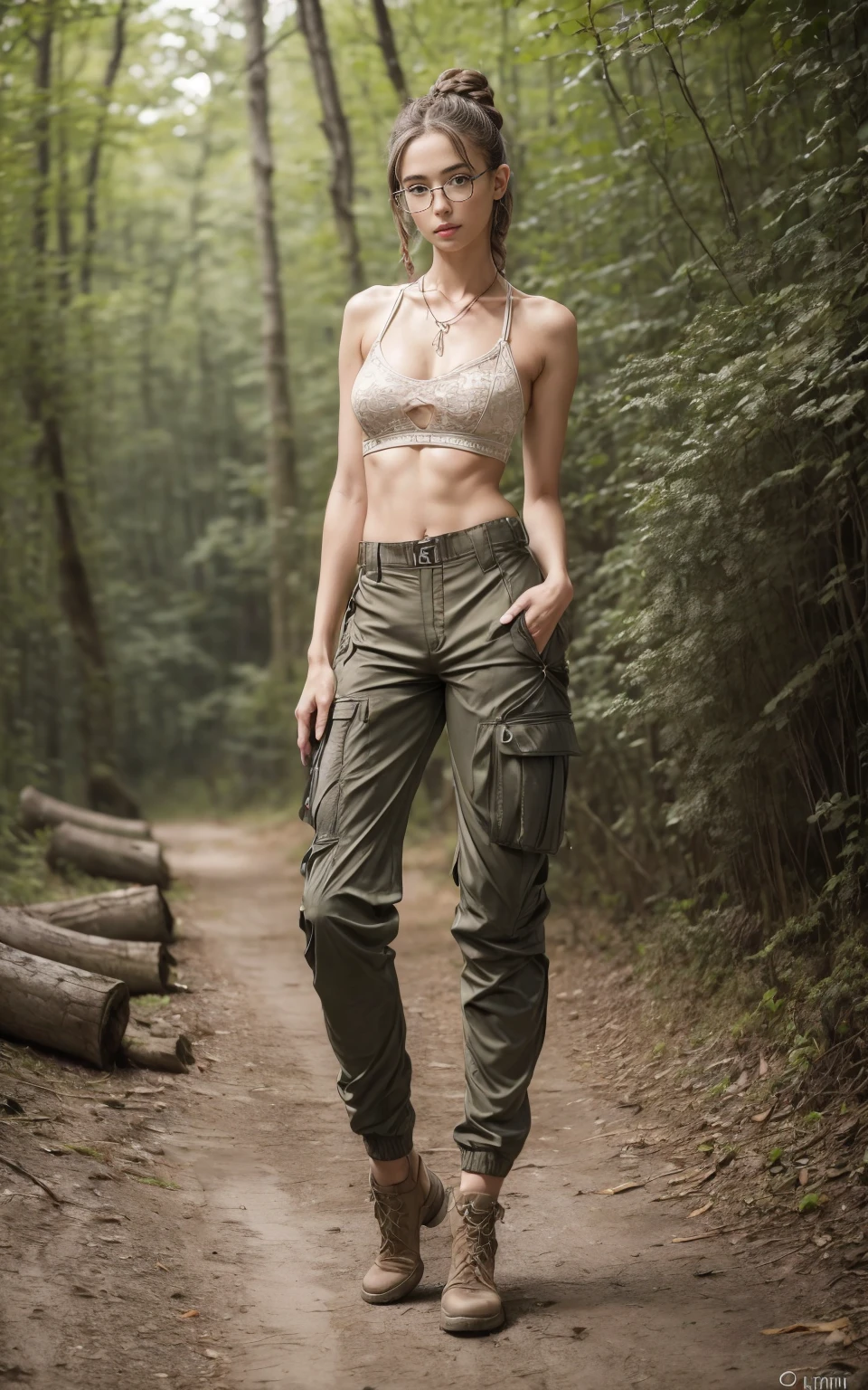 (8K, Masterpiece, RAW photo, Best quality, detail:1.3), (ultra realistic Natural background, scenary:1.5), Depth of field, Cinematic light, (ultra realistic face), (1 picture of 1 solo girl Airim Jones:1.6), 1girl, (Beautiful and elegant Russian girl), (skinny girl with glasses), (European face:1.3), (perfect complete full body:1.5), (small necklace, collarbone:1.1), ( [braids|bangs|ponytail|pigtails|bob|pixie] hair:1.5), (ultra detailed skin:1.4), (sexy outfit:1.6),, (Cargo Pants:1.5), (perfect standing pose:1.5), (perfect long legs:1.4)