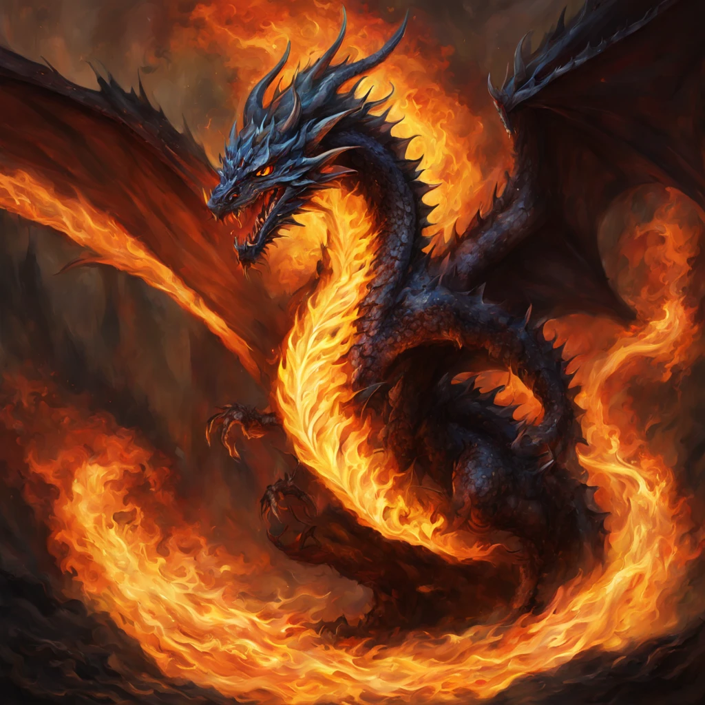 (((dark fantasy style of flame-Dragon illustration:1.3))), (((oil painting illustration:1.3))), (stunning flame background:1.3), (((beautiful detail glow:1.2))), (((radiosity rendered in stunning 32k beautiful resolution:1.3))), (((all captured in sharp focus:1.1))), (((highest quality:1.2))), (((highly quality:1.2))),