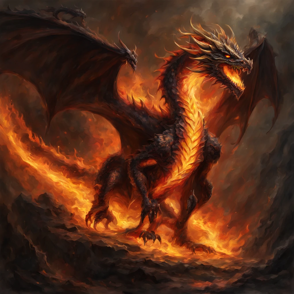 (((dark fantasy style of flame-Dragon illustration:1.3))), (((oil painting illustration:1.3))), (stunning flame background:1.3), (((beautiful detail glow:1.2))), (((radiosity rendered in stunning 32k beautiful resolution:1.3))), (((all captured in sharp focus:1.1))), (((highest quality:1.2))), (((highly quality:1.2))),