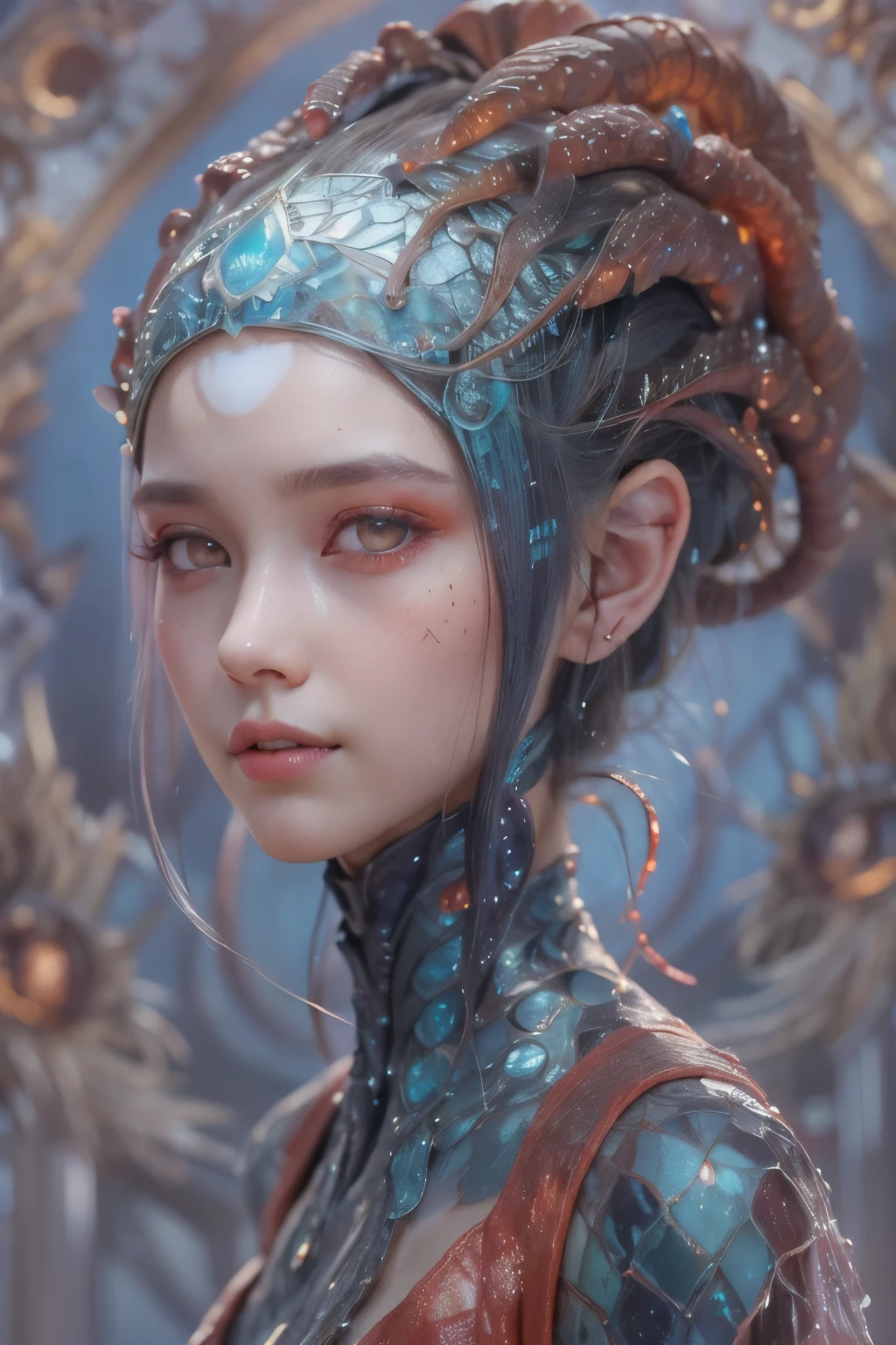 Portrait, (beautiful female alien:1.2), (she has red eyes with no pupils:1.8), (Translucent skin:1.7), (There is a female genital-like organ in the middle of the forehead:1.9), (The most beautiful face in the history of the universe:1.2),an evil gaze that seduces, (large mouth:1.1), (sharp teeth like a vampire:1.2), Full body like, (bio luminescent:1.5), (Smile wickedly:1.3), (sexypose:1.5), alien, No humans, cells are fused, (Lots of translucent tentacles:1.3) extraterrestrial, cell, bio image, Best Quality, 8K,4K_quality, High Definition, Dramatic Lighting, masutepiece:1.5,cinematic quality, detail up, (Intricate details:1.2), High resolution, High Definition, drawing faithfully, (Thick eyebrows:1.2), Beautiful eyes with fine symmetry,(Highly detailed face and eyes:1.2), Intimate face, (Super detailed skin quality feeling:1.4), Perfect ???????, (Beautiful toned body:1.5), (Moist skin:1.2), No makeup, (dark circles:1.1), long canines, cinematic drawing of characters, ultra high quality model, cinematic quality, detail up, (Intricate details:1.2), High resolution, High Definition, drawing faithfully, Official art, Unity 8K wall , 8K Portrait, Best Quality, Very High resolution, ultra detailed artistic photography, midnight aura, unreal enginee 5, Ultra Sharp Focus, art by alberto seveso, ArtGerm, Roisch, intricate artwork, best quality, masutepiece, ultra High resolution, (photos realistic:1.4), Ultra-realistic realism, dream-like, nautilus, Creation of fantasy, Snail, Dream Snail, biopunk nautilus, Thrilling color schemes, Ultra-realistic realism, seductively smiling, Blue tentacles,