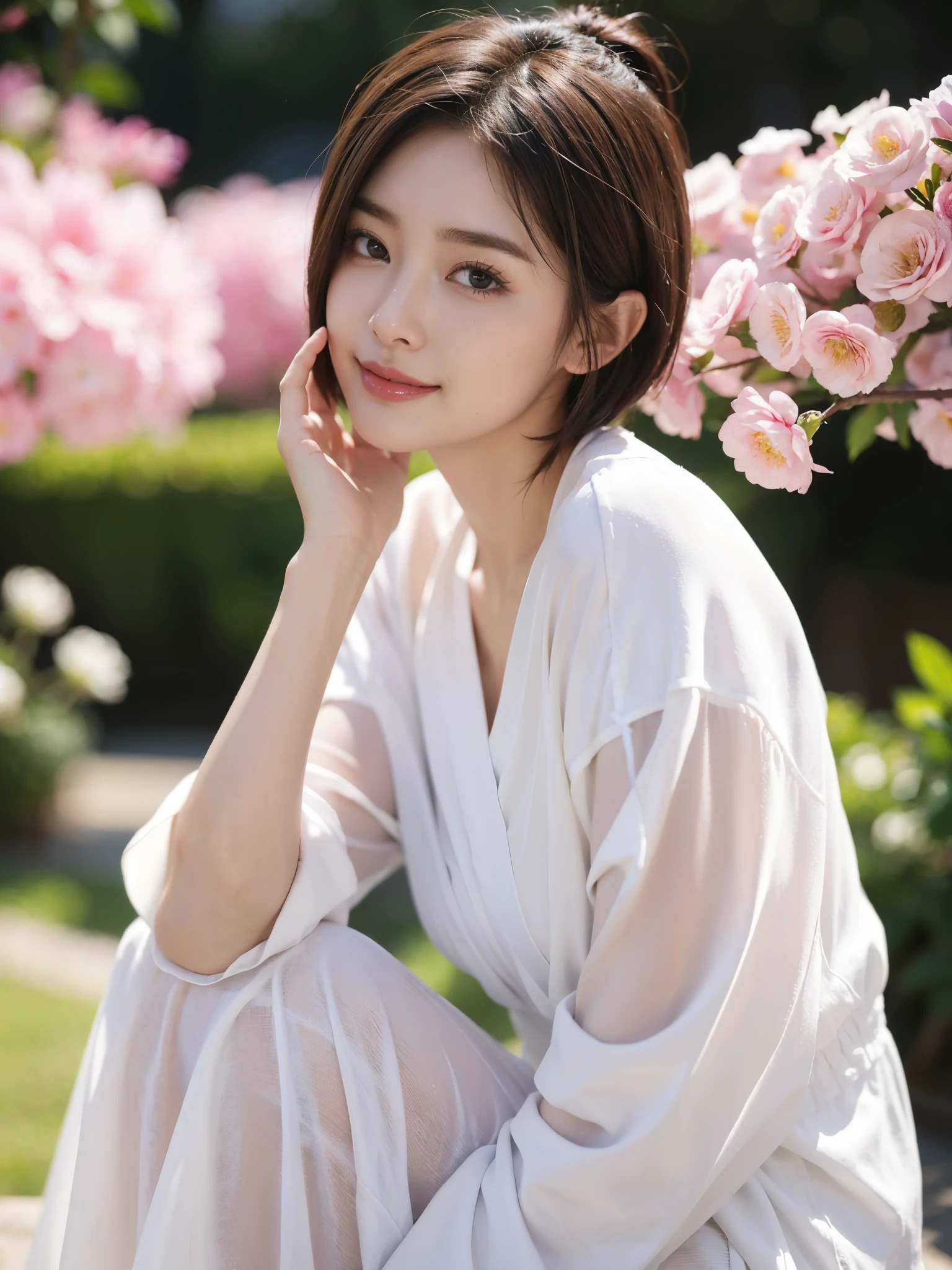 masterpiece、The highest image quality、hightquality、Beautuful Women、japanes、Popular Korean Makeup、detaileds、detailedsな目、detailedsな皮膚、Beautiful skins、超hight resolution、(现实:1.4)、very extremely beautiful、Slightly younger face、Beautiful skins、thin-waist、(A hyper-realistic)、(illustratio)、(hight resolution)、(8K)、(非常にdetaileds)(The best illustrationeautifully detailed eyes)、(超detaileds)、(wall-)、(detaileds顔)、ビューアのdetailedsを見る、 detailedsな顔、pureerosfaceace_v1、A smile、Looking straight ahead、photos realistic、Colorful hair color、(((very_Short_hair)))、((Background Simple,flower))