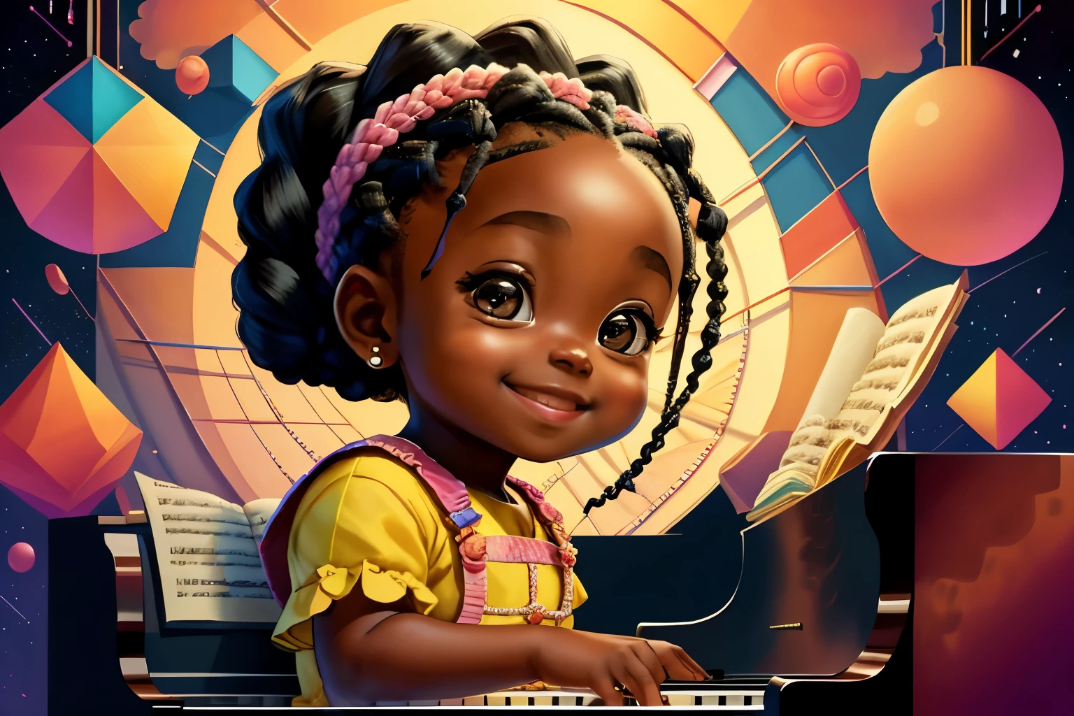 (cute black baby girl with braid smiling playing a piano), Munchkin ,Geometric multidimensional wall portrait, livro de arte, Tchibi,
Yang08k, Beautiful,
Obras, of the highest quality, best quality, Arte Oficial, Beautiful and Aesthetic,