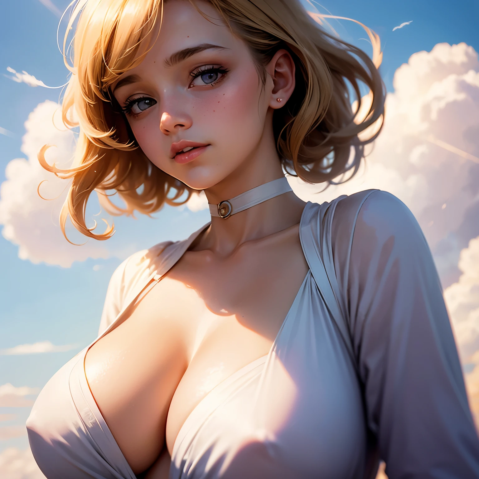 tmasterpiece, Best quality at best, cinematic Film still from, 1个Giant Breast Girl, floating in sky, clouds girl, clouds, (closeup cleavage:1.1), bright, Happy, stas, gentlesoftlighting, (bauhause, shape, ligne, Abstract:1.1)