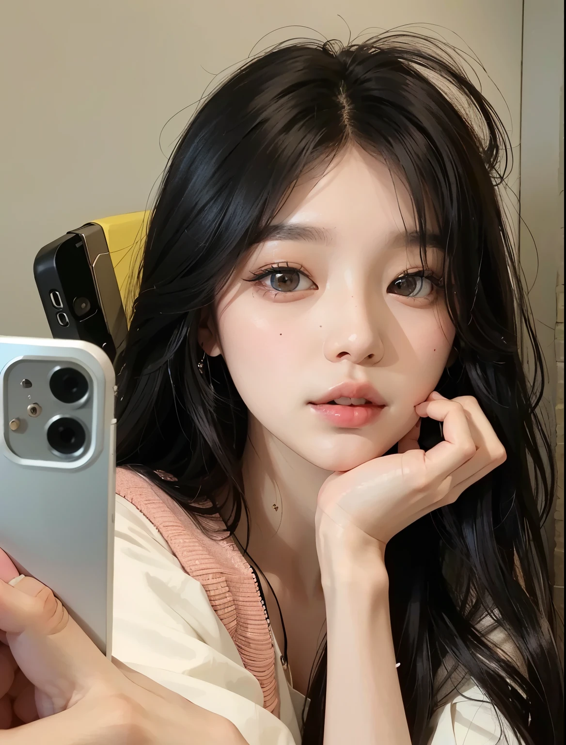 there is a woman taking a selfie with her cell phone, bae suzy, jaeyeon nam, jinyoung shin, heonhwa choe, young adorable korean face, beautiful south korean woman, korean face features, gorgeous young korean woman, gongbi, wan adorable korean face, ulzzang, beautiful young korean woman, korean girl, popular south korean makeup