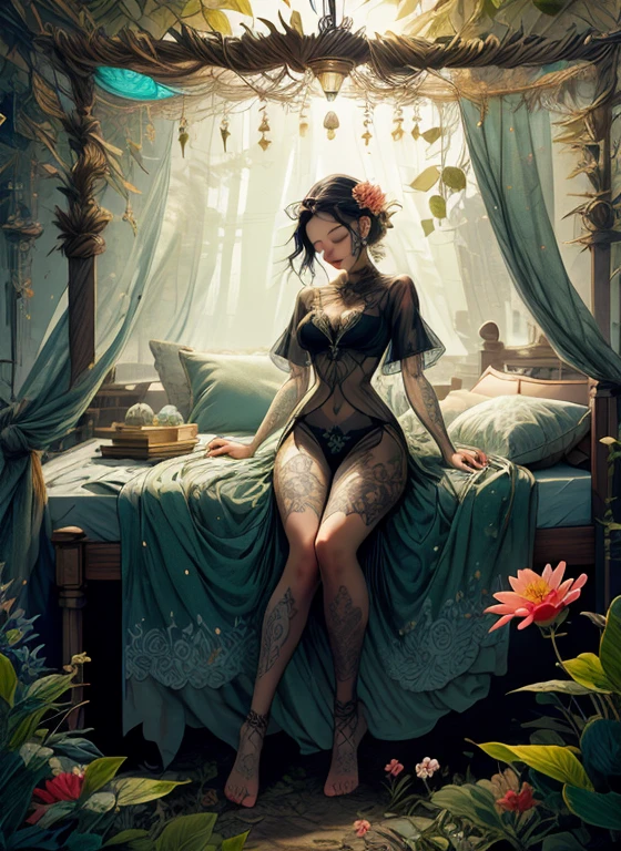 1 with forest clothes, flowers, leaves, mandalas, fractal,, Sleeping Beauty, by Bella🦋 full body, beautiful girl sleeping, room with mirror, girl sleeping on bed and sheets, old clock and lamp on table, full body, black hair, Transparent clothing,open legs, view of pubic hair, 1 in transparent forest clothes,exposed breasts, open transparent t-shirt,mandala and flower tattoos, La mejor calidad, Obra maestra, llustration, muy delicado y hermoso, muy detallado, CG, Unidad, Fondo de pantalla de 8k, ridiculous, huge filesize, lente muy ancha, Luz suave,Sleeping Beauty, by Bella🦋 full body, beautiful girl sleeping, full body, black hair, Transparent clothing, slight smile,, open legs, view of pubic hair, 1 in transparent forest clothes,exposed breasts, open transparent t-shirt,mandala and flower tattoos, La mejor calidad,