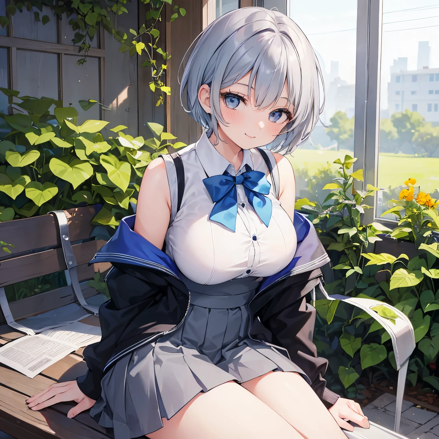 1girl, grey eye, blue short hair, wearing short skirt, highschool uniform, show shoulder, look at viewer from beside, cute, big boobs, sit at garden, smile seductively