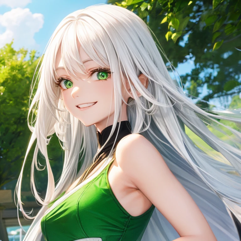 girls, White hair, Long straight hair, Green Eye, Created up to the upper body, modern one piece, Smiling face, Sharp-eyed, 1 female