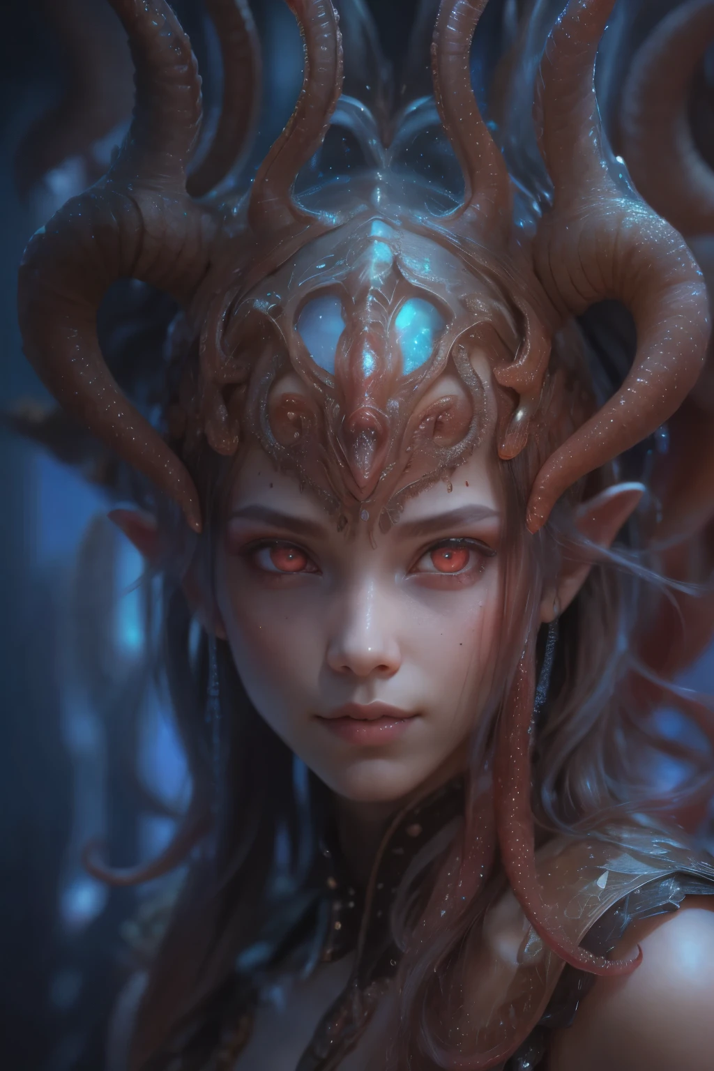 Portrait, (beautiful female alien:1.2), (she has red eyes with no pupils:1.8), (Translucent skin:1.7), (There is a female genital-like organ in the middle of the forehead:1.9), (The most beautiful face in the history of the universe:1.2),an evil gaze that seduces, (large mouth:1.1), (sharp teeth like a vampire:1.2), Full body like, (bio luminescent:1.5), (Smile wickedly:1.3), (sexypose:1.5), alien, No humans, cells are fused, (Lots of translucent tentacles:1.3) extraterrestrial, cell, bio image, Best Quality, 8K,4K_quality, High Definition, Dramatic Lighting, masutepiece:1.5,cinematic quality, detail up, (Intricate details:1.2), High resolution, High Definition, drawing faithfully, (Thick eyebrows:1.2), Beautiful eyes with fine symmetry,(Highly detailed face and eyes:1.2), Intimate face, (Super detailed skin quality feeling:1.4), Perfect Anatomy, (Beautiful toned body:1.5), (Moist skin:1.2), No makeup, (dark circles:1.1), long canines, cinematic drawing of characters, ultra high quality model, cinematic quality, detail up, (Intricate details:1.2), High resolution, High Definition, drawing faithfully, Official art, Unity 8K wall , 8K Portrait, Best Quality, Very High resolution, ultra detailed artistic photography, midnight aura, unreal enginee 5, Ultra Sharp Focus, art by alberto seveso, ArtGerm, Roisch, intricate artwork, best quality, masutepiece, ultra High resolution, (photos realistic:1.4), Ultra-realistic realism, dream-like, nautilus, Creation of fantasy, Snail, Dream Snail, biopunk nautilus, Thrilling color schemes, Ultra-realistic realism, seductively smiling, Blue tentacles,
