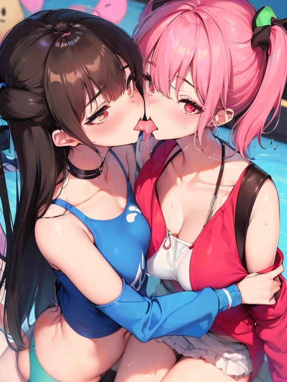 masutepiece,best qualtiy,1girl in,Popsicle,melting Popsicle_tonguetongue,blush,tongue、twogirls、lick together、Girls facing each other、kiss while hugging