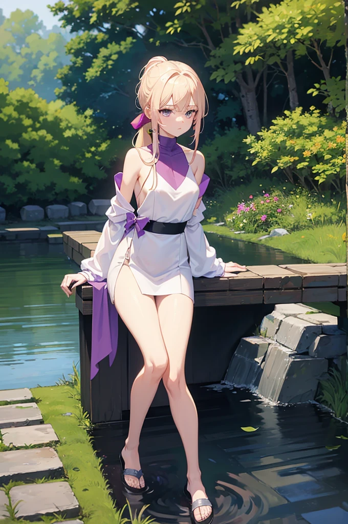 Short skinny girl, rosy magenta eyes, blonde hair, very small breasts, extremely long slender blonde ponytail that goes down to her ankles, very large purple bow bound to ponytail behind her head, bare legs, sandals, white silk berka shawl that goes down to crotch and has long wide sleeves that cover all but her fingertips, purple sleeveless undershirt with turtleneck, looking at viewer, melancholic, somber yet serene face, graceful, gentle, tranquil, surrounded by a safe peaceful garden and a stream with stepping stones
