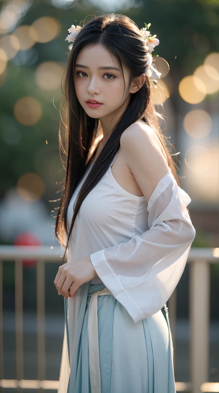 ((Best Quality, 8k, Masterpiece: 1.3)), Focus: 1.2, Perfect Body Beauty: 1.4, Buttocks: 1.2, ((Layered Haircut)), (Wet Clothes: 1.1), (Rain, Street:1.3), (Breasts: 1.2), (Hanfu: 1.2), Bare Shoulders, Bare Legs, Highly Detailed Face and Skin Texture, Fine Eyes, Double Eyelids, Whitened Skin, Long Hair, (Shut Up: 1.5), (Bokeh Background: 1.5), Big Breasts