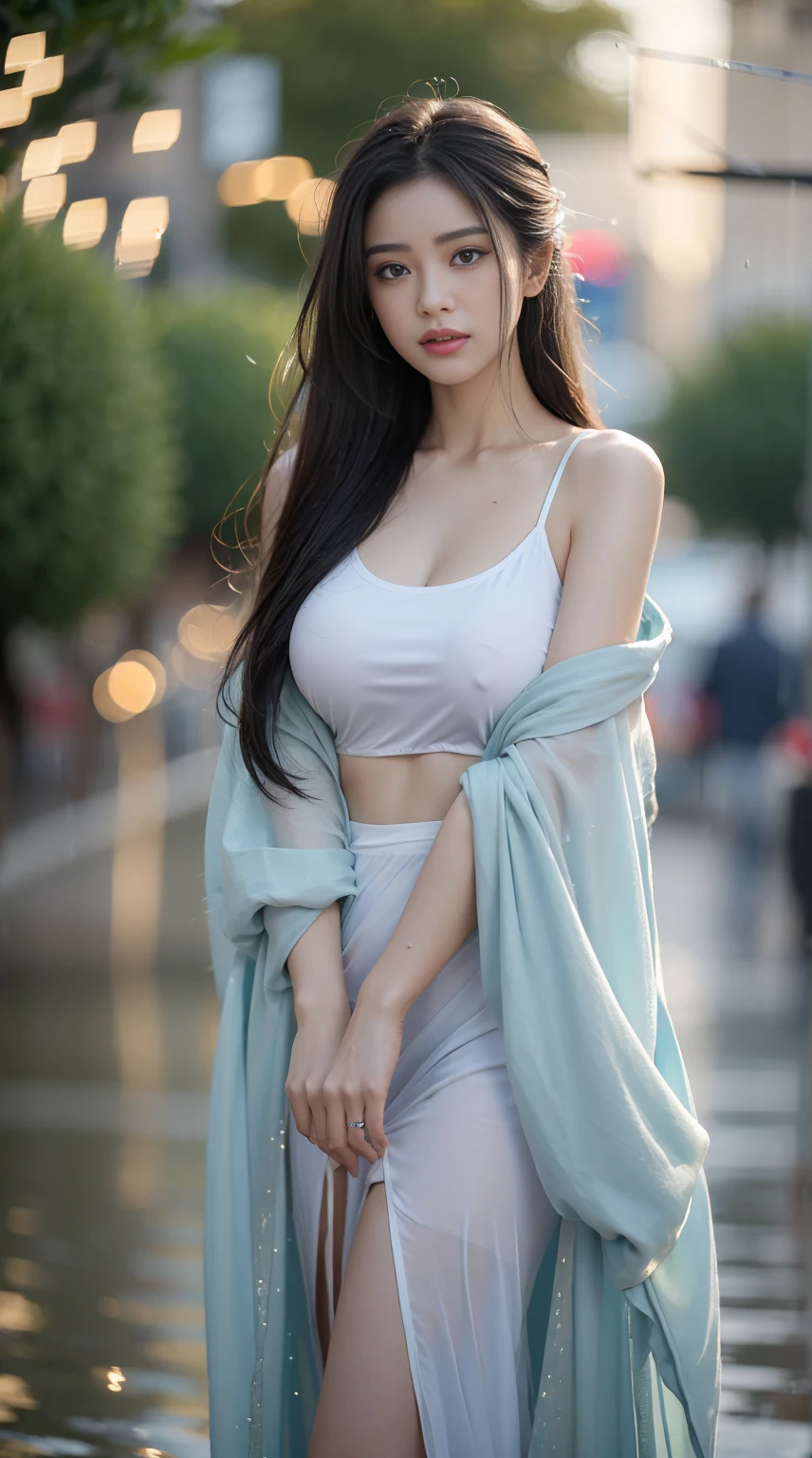 ((Best Quality, 8k, Masterpiece: 1.3)), Focus: 1.2, Perfect Body Beauty: 1.4, Buttocks: 1.2, ((Layered Haircut)), (Wet Clothes: 1.1), (Rain, Street:1.3), (Breasts: 1.2), (Hanfu: 1.2), Bare Shoulders, Bare Legs, Highly Detailed Face and Skin Texture, Fine Eyes, Double Eyelids, Whitened Skin, Long Hair, (Shut Up: 1.5), (Bokeh Background: 1.5), Big Breasts