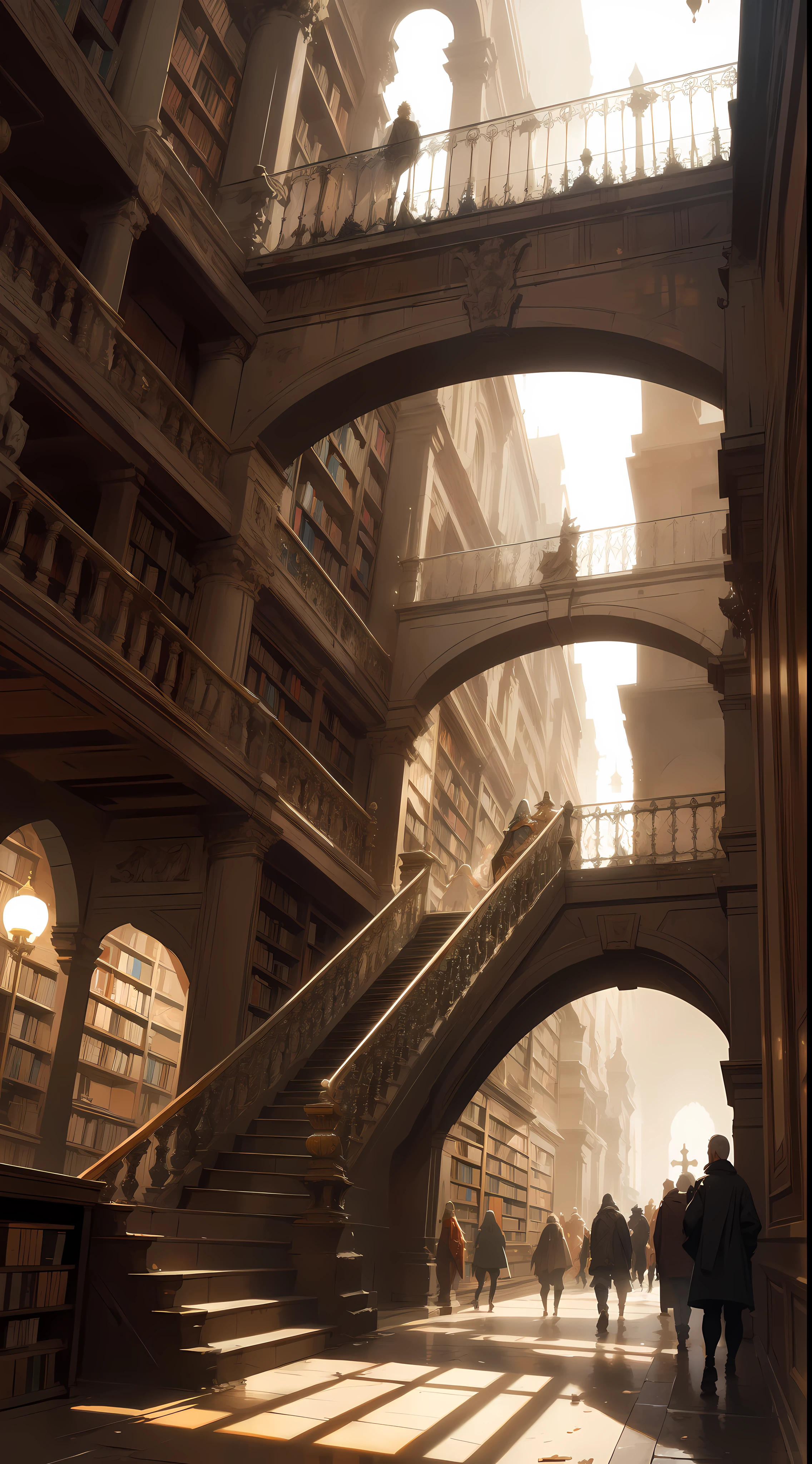 stairway to an ancient library, crowds bustling past, ancient city greek, european, dynamic composition, craig mullins, sparth, masterful strokes legendary